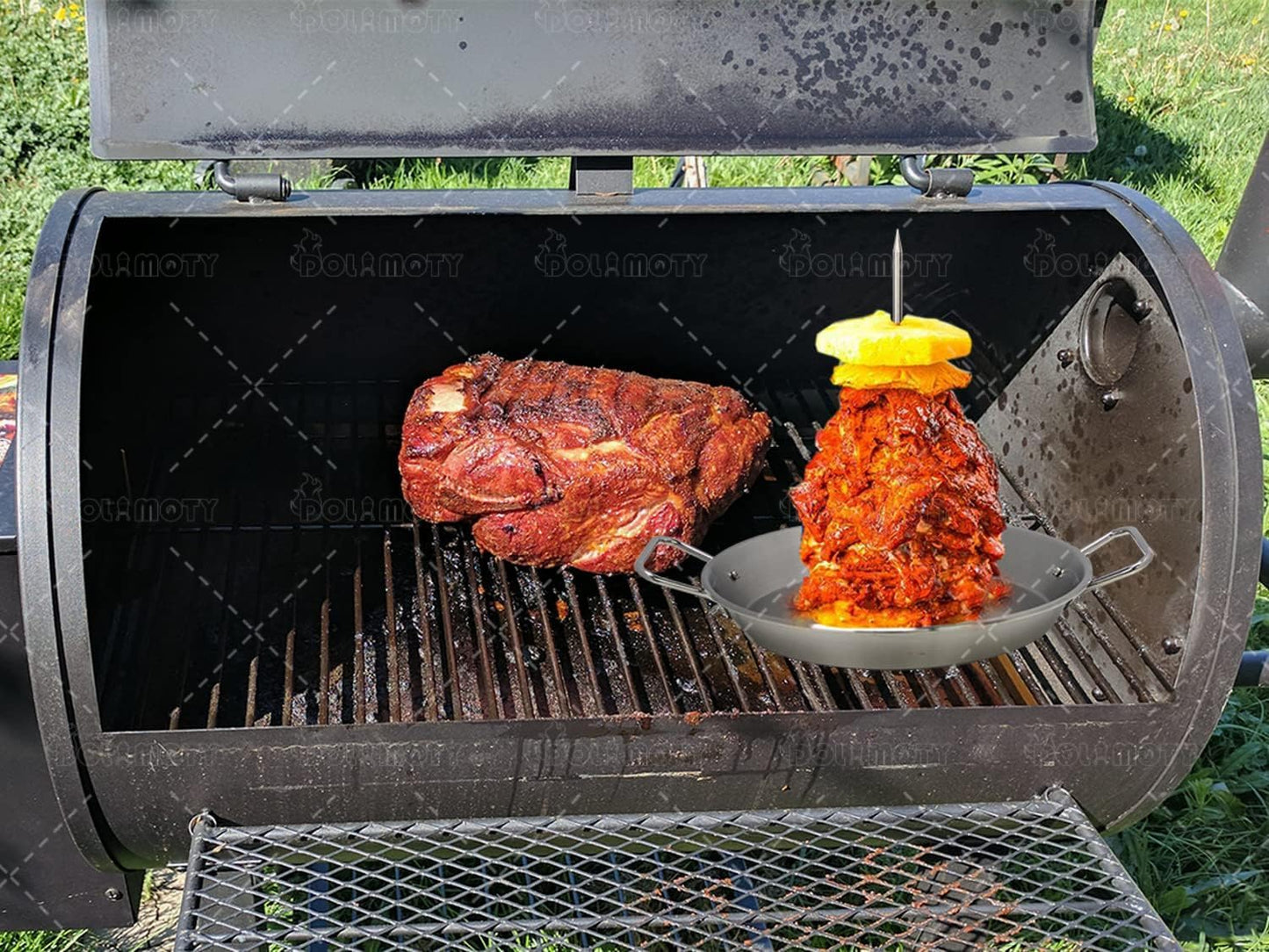 BBQ Vertical Skewer Pan Gyro Spit Stand for oven, Al Pastor Shawarma Skewer for Grill, El Pastor Hack for Tacos Al Pastor Chicken, Brazilian, Stainless Steel, with 8",10" and 12" stick