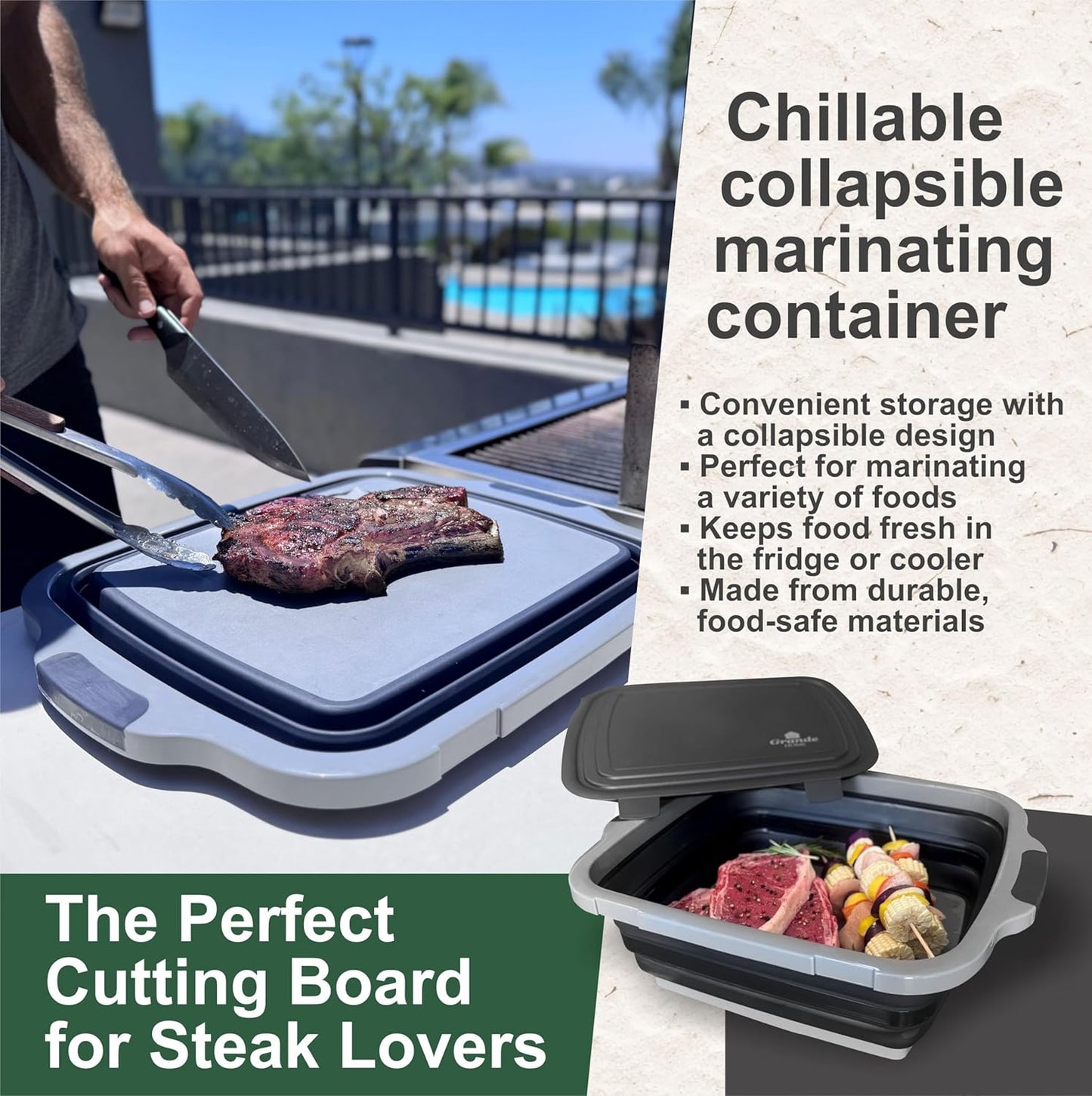 BBQ Prep Tub Collapsible X-Large with Cutting Board, Locking Lid – Meal Prep Food Prep Containers with Lids for Resting Meat –3 Adjustable Height - Ideal for Camping, Picnic, Dish Basin