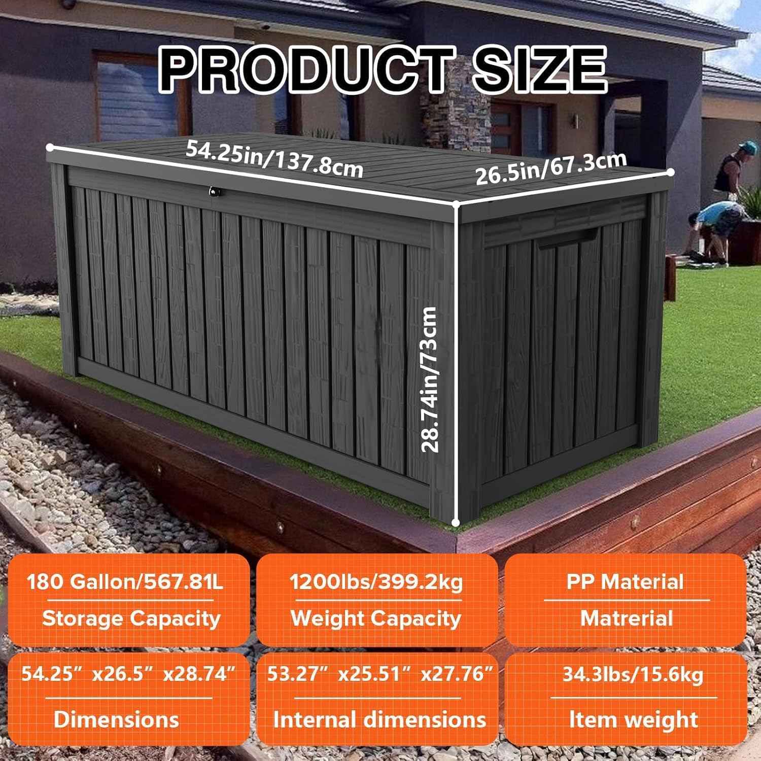 180 Gallon Outdoor Storage Box, Large Storage Deck Box for Patio Furniture Accessories, Garden Tools, Indoor Storage for Cushion, Black