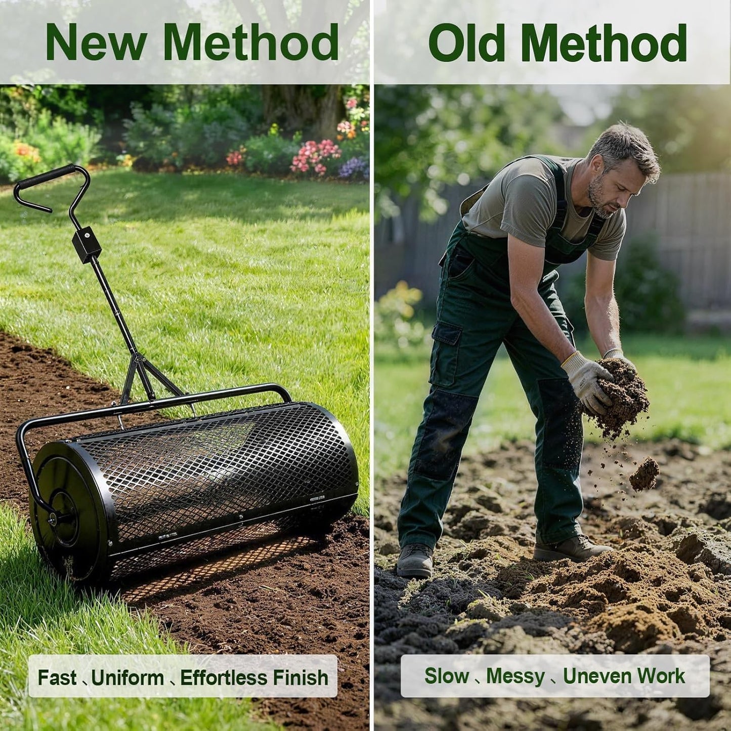 Compost Spreader 44 Inch Push/Tow Peat Moss Spreader with Installation Support, Powder-Coated Metal Mesh Roller Spreader for Manure , Lawn Care, Garden Spreading, Top Dressing & Mulch - Soil Spreader