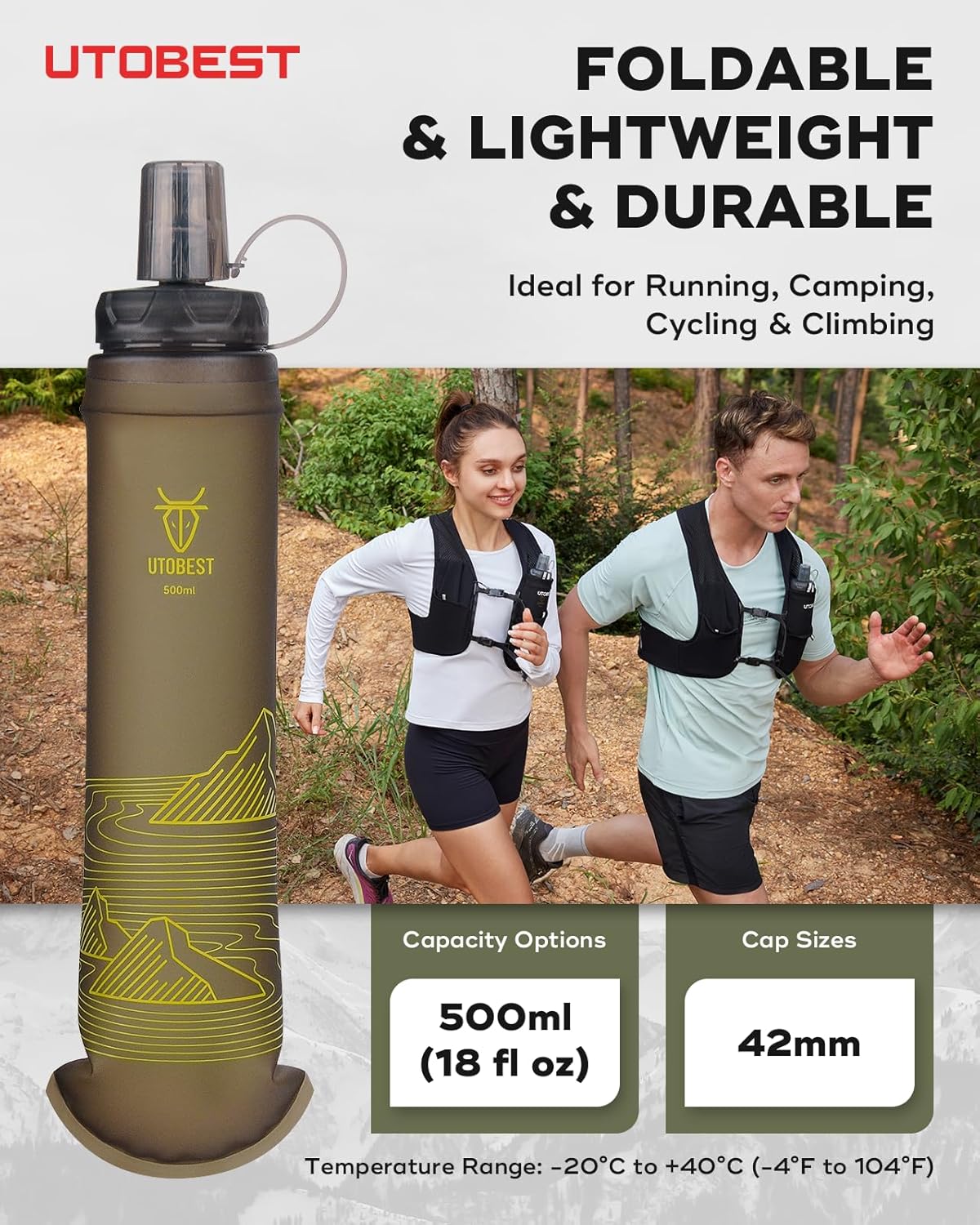 UTOBEST 500ml Soft Flask, 2 Pack Flexible TPU Hydration Water Bottle, Collapsible with 42mm Caliber for Running, Hiking, Cycling, Climbing, and Marathon Yellow