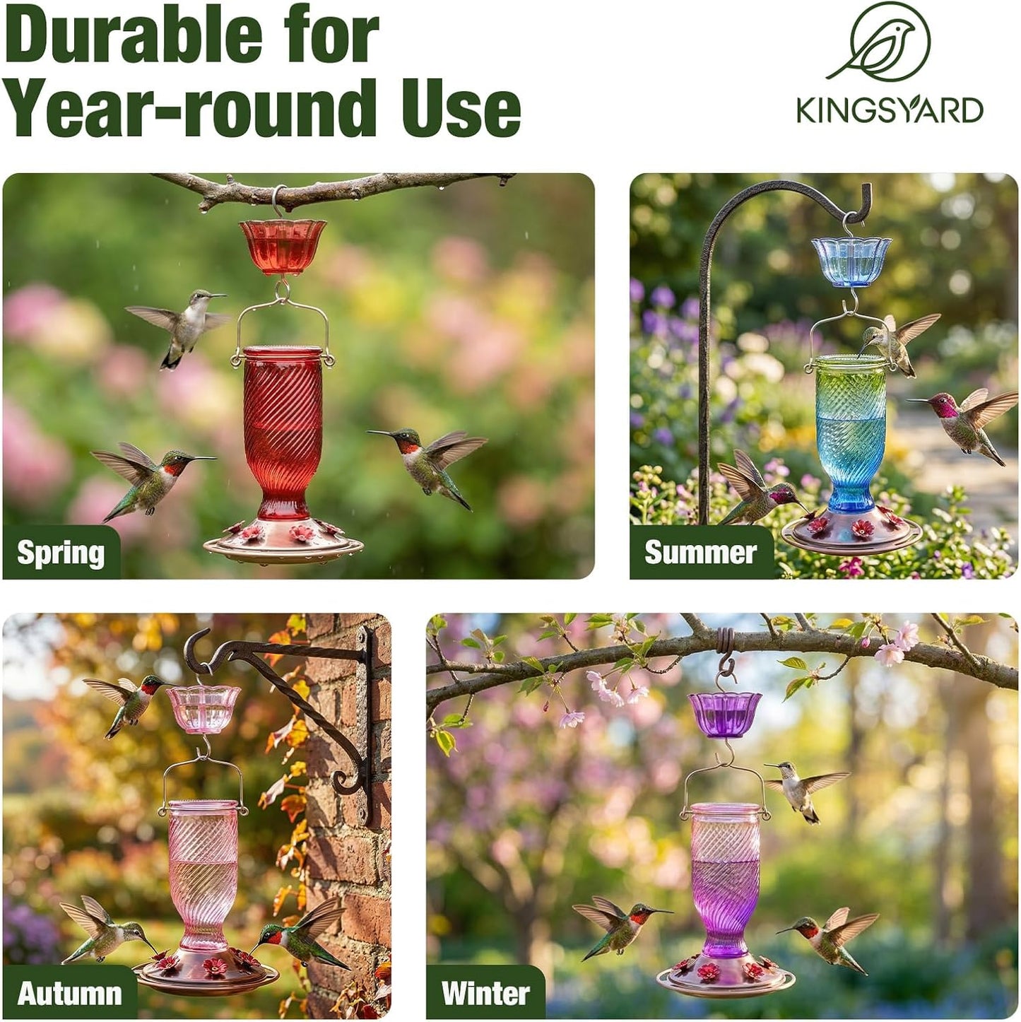 Kingsyard Glass Hummingbird Feeders for Outdoors, 24 oz Hummingbird Nectar Feeder for Garden Decorations with 6 Feeding Ports, Ant Moat Included, Gifts for Women Mom, Easy to Clean & Refill, Red