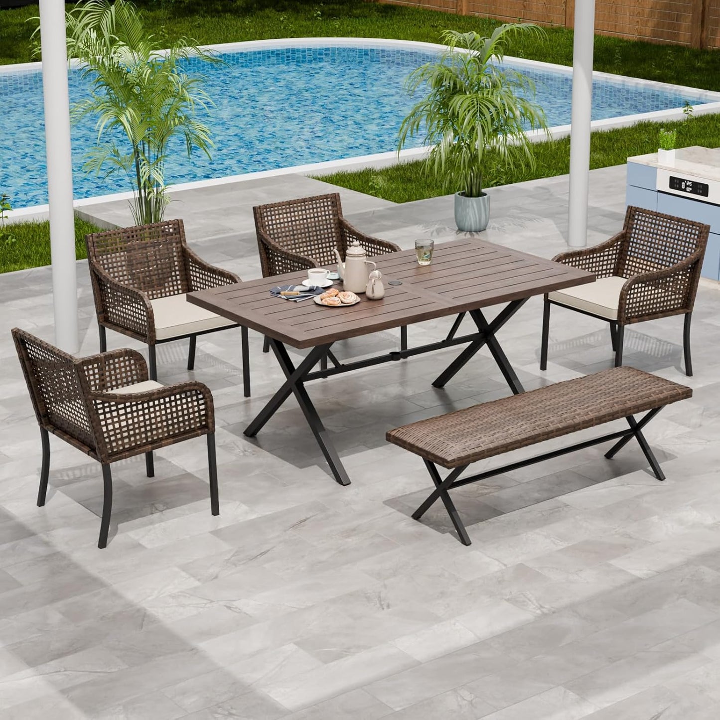 EAGLE PEAK Sienna Bay Outdoor Dining Set for 6, Patio Table Set with Umbrella Hole, All Weather Backyard Table, Chairs and Bench for Lawn, Garden, Deck, 6 Pieces, Brown