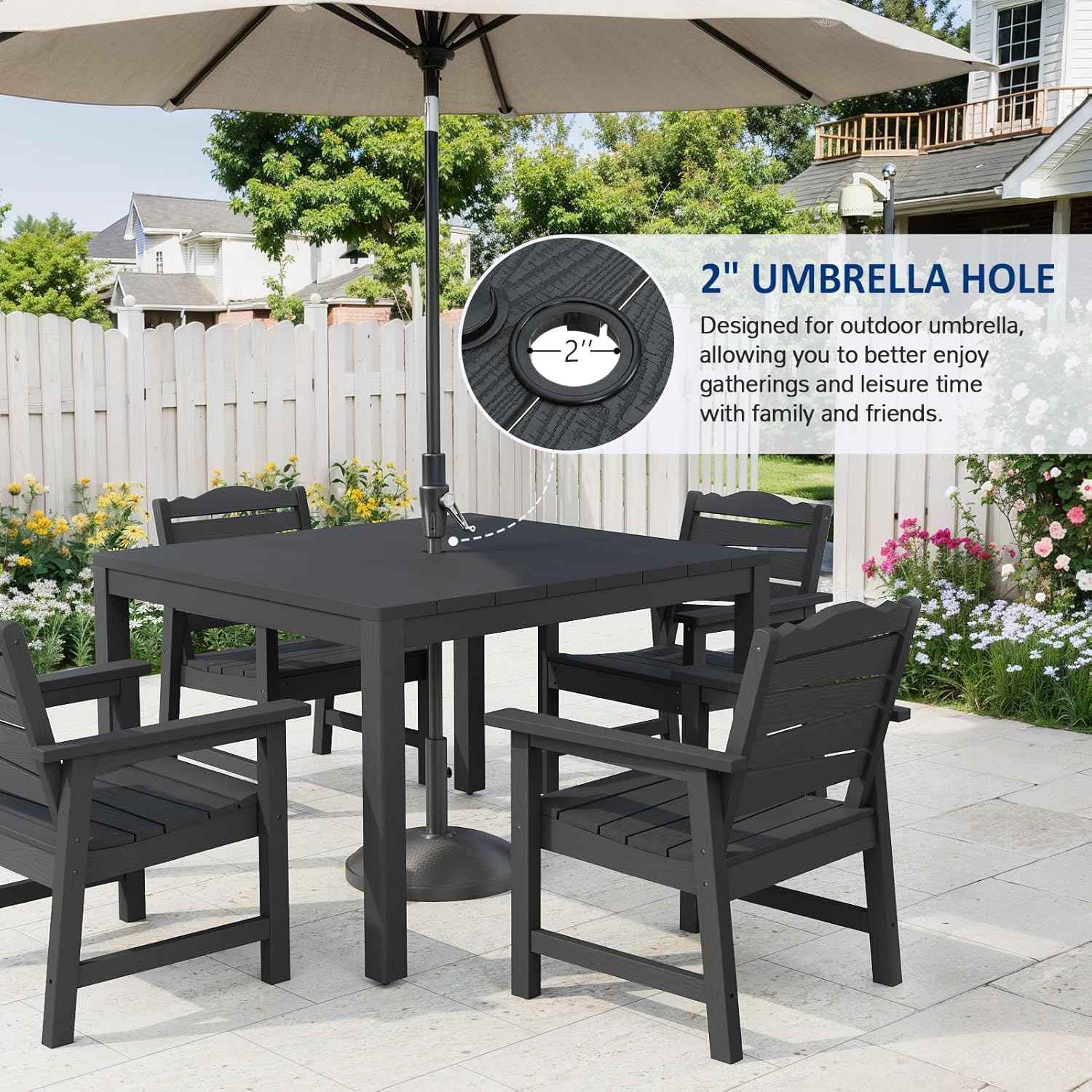 Outdoor Dining Table, Weatherproof 34" Square HIPS Patio Dining Table for 4, with 2" Umbrella Hole, Outdoor Table for Backyard Deck Poolside, Black
