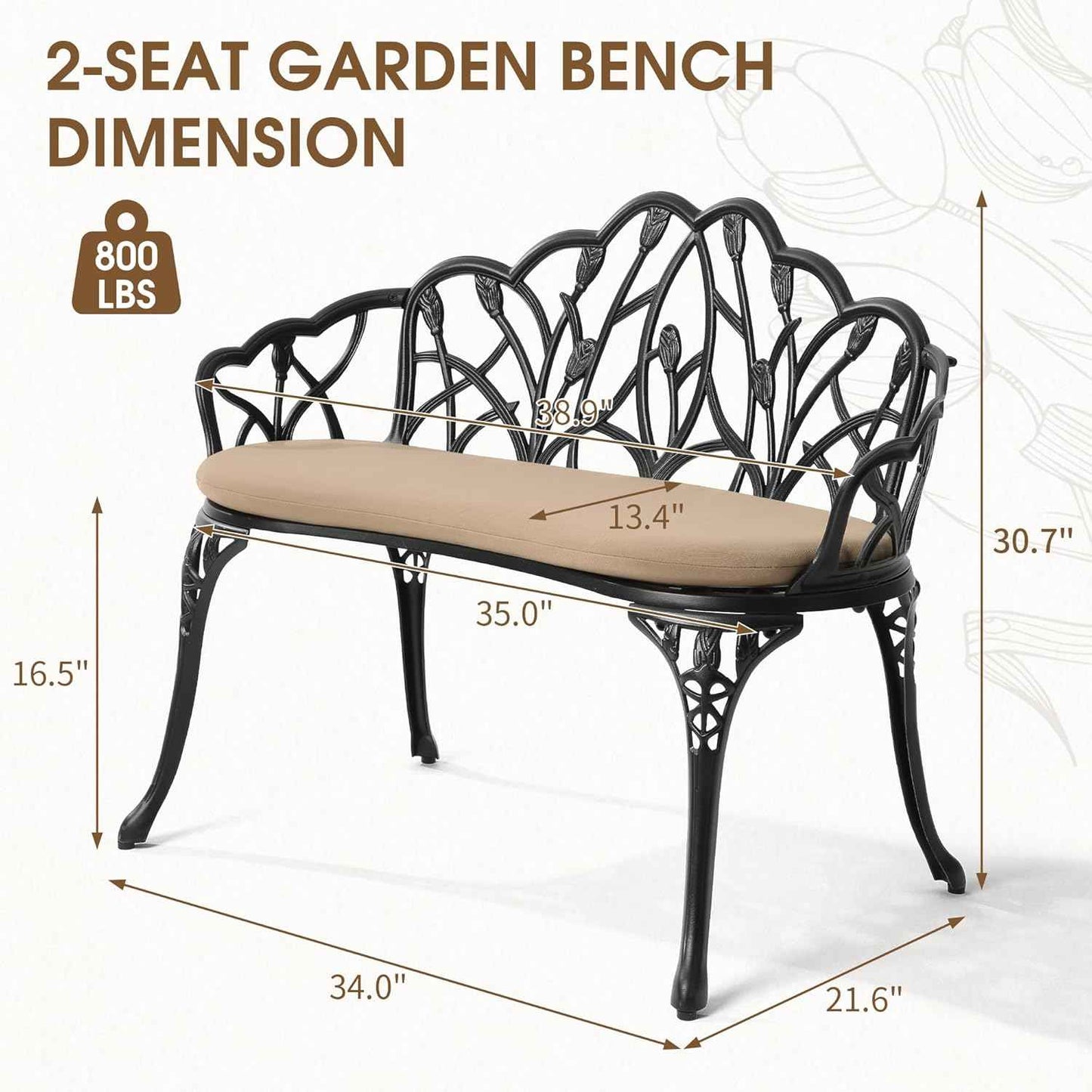 Outdoor Bench with Cushion, Cast Aluminum Double Seating with Backrest and Armrests, Mental Outdoor Furniture for Patio, Porch, Garden, Park, Black Tulip