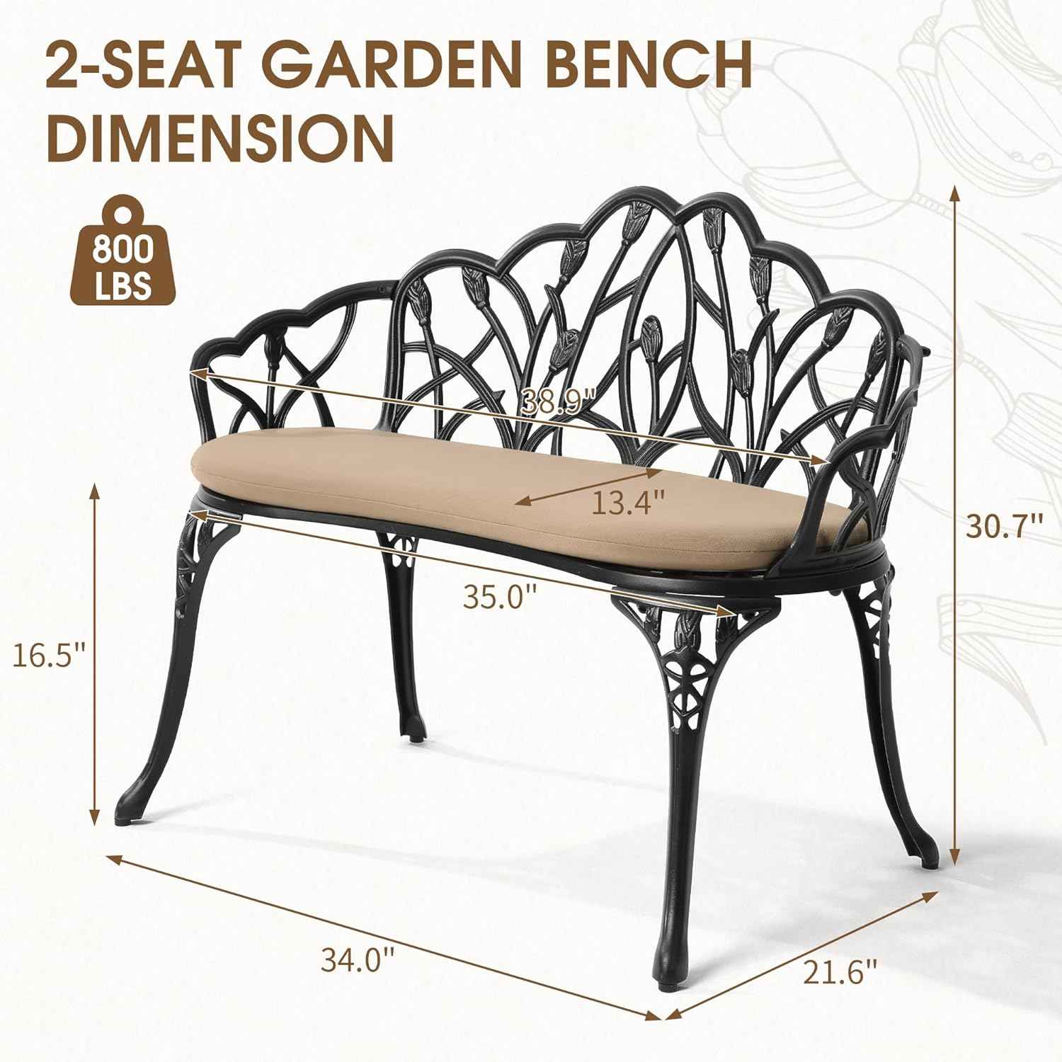 Outdoor Bench with Cushion, Cast Aluminum Double Seating with Backrest and Armrests, Mental Outdoor Furniture for Patio, Porch, Garden, Park, Black Tulip