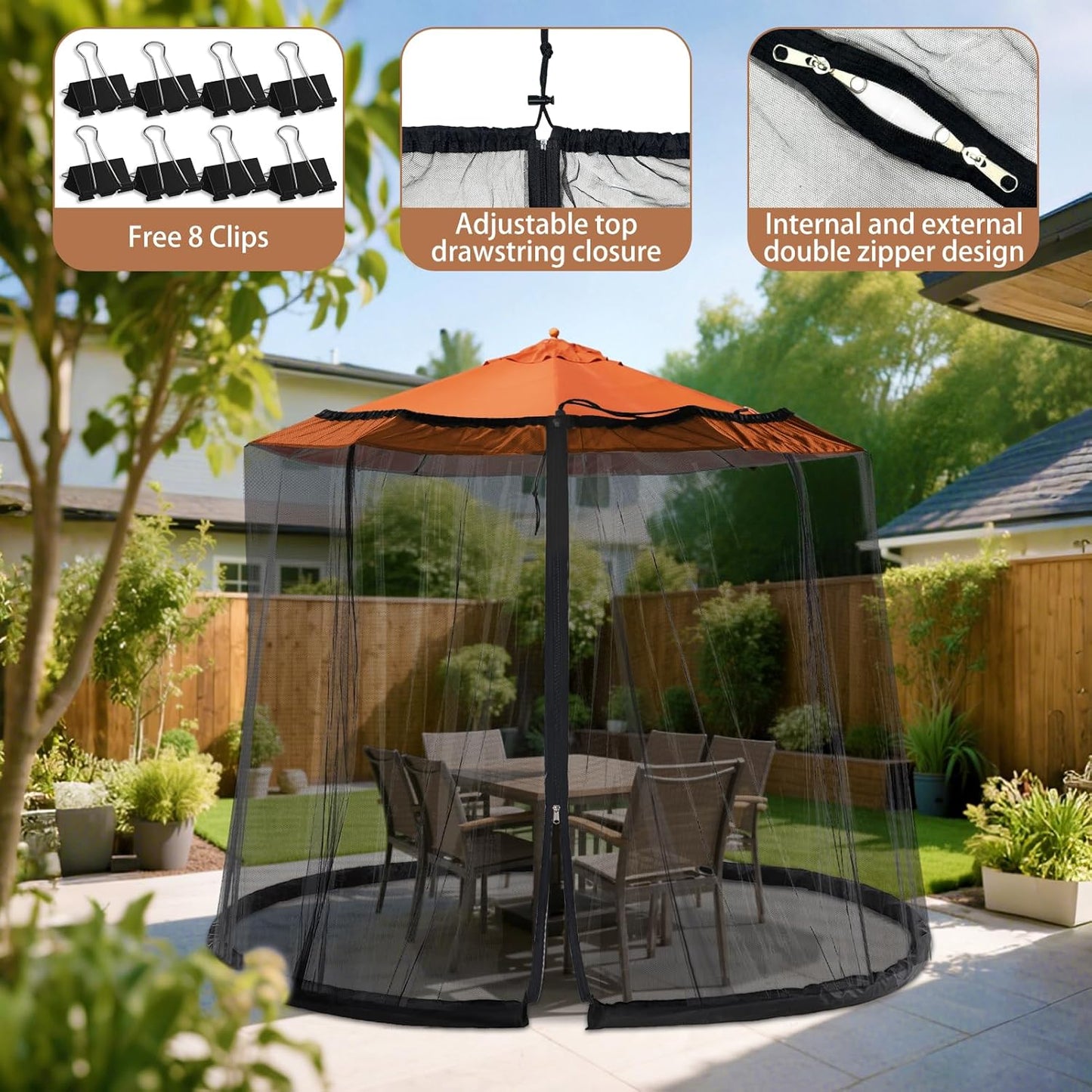 7.5-13FT Patio Mosquito Netting - Mosquito net for Patio Garden and Outdoor Umbrellas with Adjustable Elastic Cord and Zipper Umbrella net