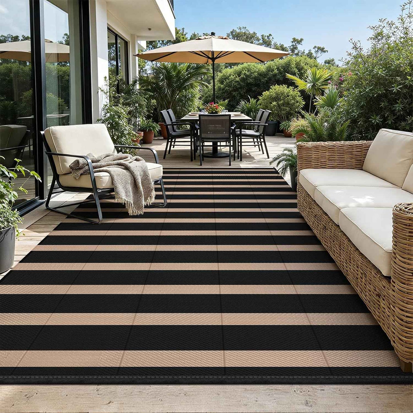 Vaukki Waterproof Outdoor Rug 8x10, Reversible Striped Patio Rug, Lightweight Plastic Straw Camping Mat, Indoor Outdoor RV Carpet for Outsides, Patio, Camping, Balcony, RV and Deck, Black and Beige