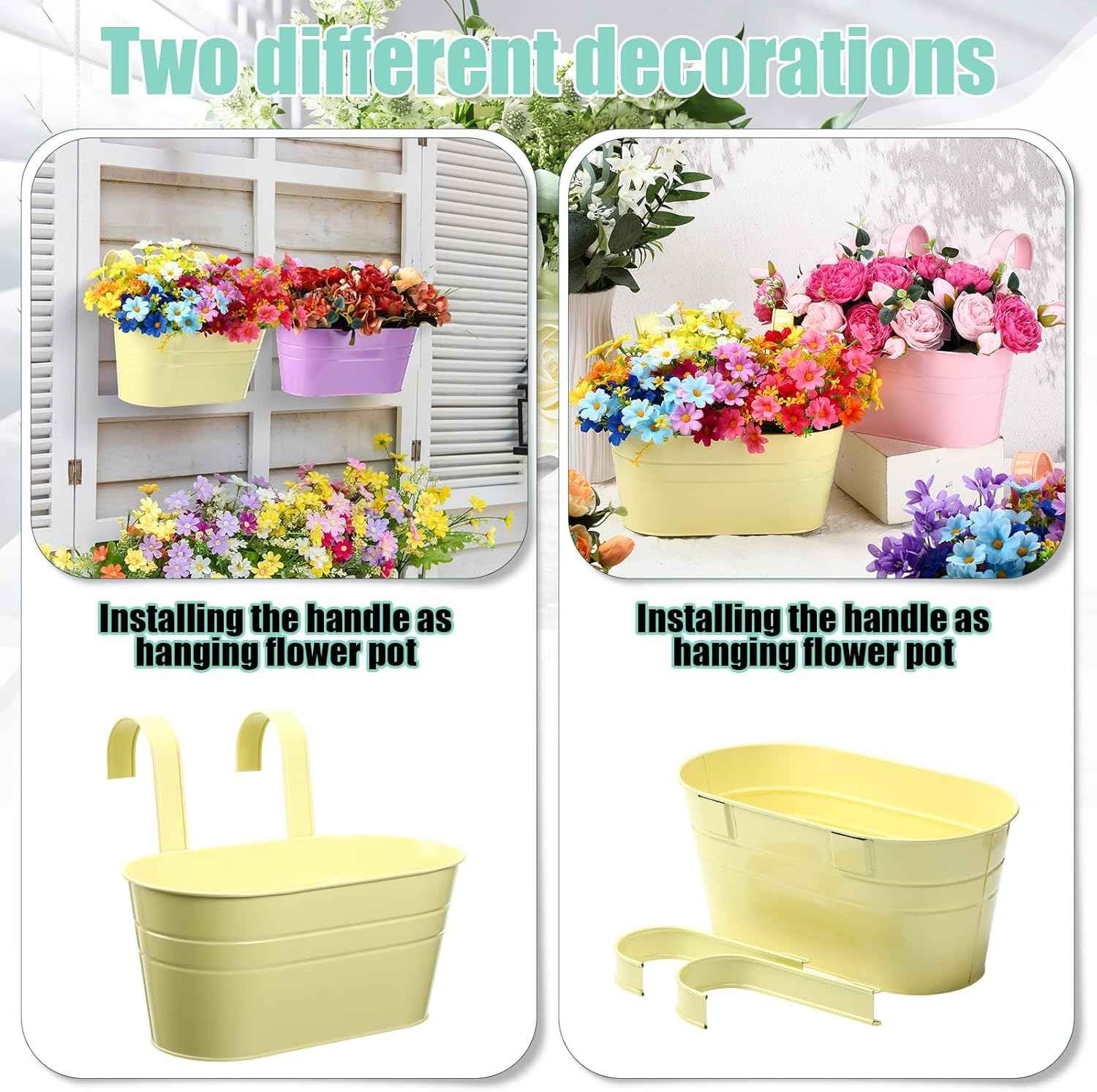 6 Pack Hanging Flower Pot Colorful Metal Iron Bucket Fence Hanging Planters with Detachable Hook Bucket Flower Holder for Railing Balcony Garden Yard Spring Decor(Round,10.6X 5.5 x 4.7 in)