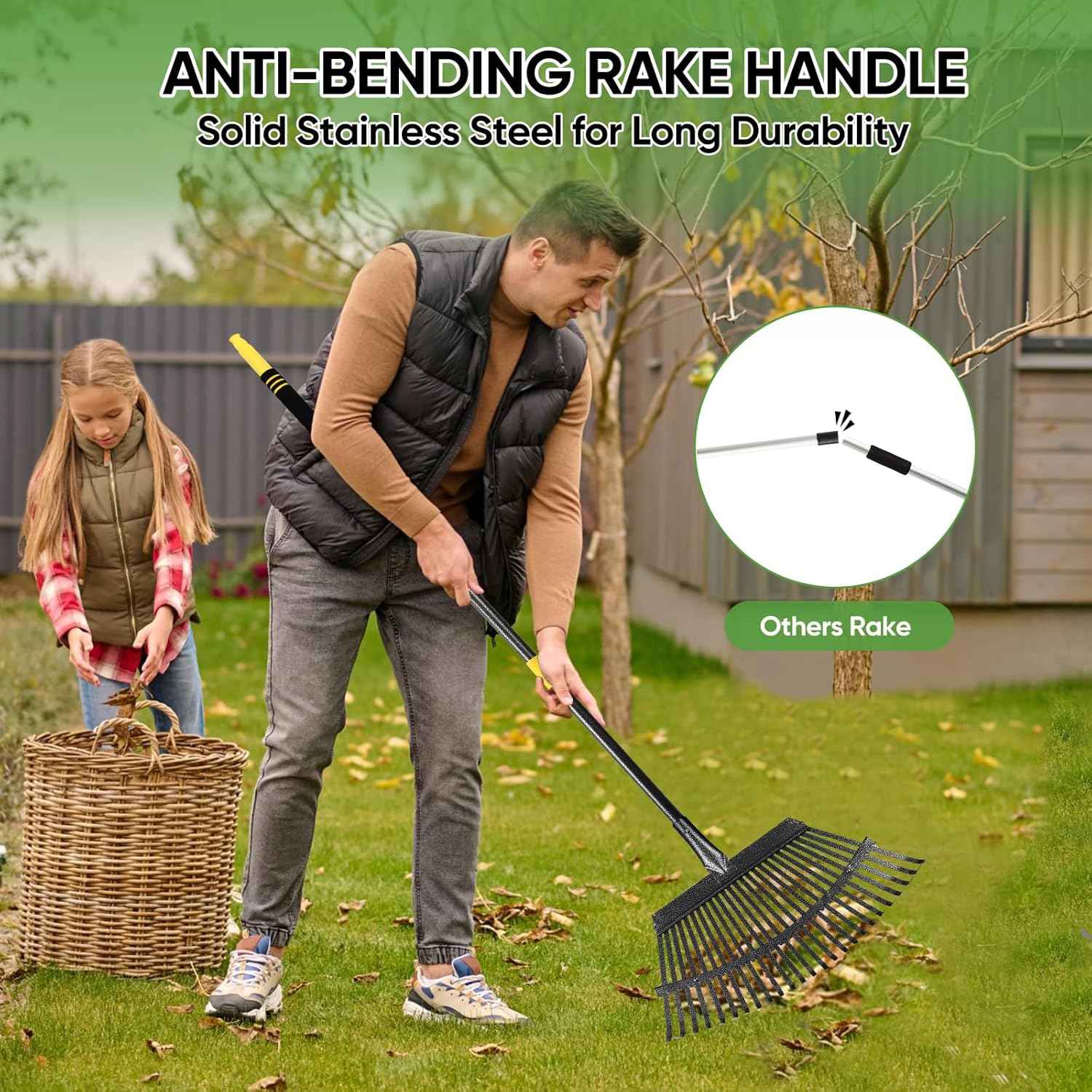 Garden Leaf Rakes, 6FT Rake for Lawns Heavy Duty 25 Metal Tines 18.5 inch Wide, Adjustable Steel Handle, Rakes for Leaves, Gathering Shrub, Grass, Yard