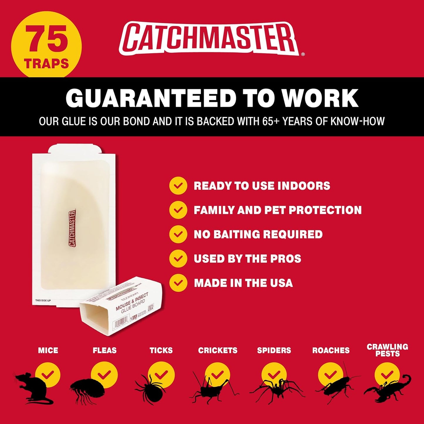 Catchmaster Mouse and Insect Glue Boards, 75-Pack Mouse Traps Indoor for Home, Sticky Pest Control Adhesive for Catching Bugs, Rats & Rodents, Bulk Glue Traps