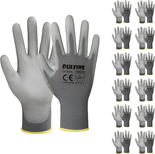 DULFINE Safety Work Gloves PU Coated-12 Pairs,Grey Seamless Knit Glove with Polyurethane Coated Smooth Grip on Palm & Fingers, for Men and Women, Ideal for General Duty Work (Small)