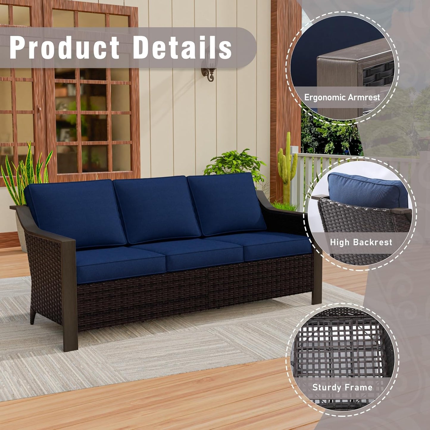 74 Inch Patio 3-Seater Sofa,PE Wicker Outdoor Lounge with Thick Removable Water-Resistant Cushions, Rust-Proof Steel Frame, 900LBS Capacity, Blue