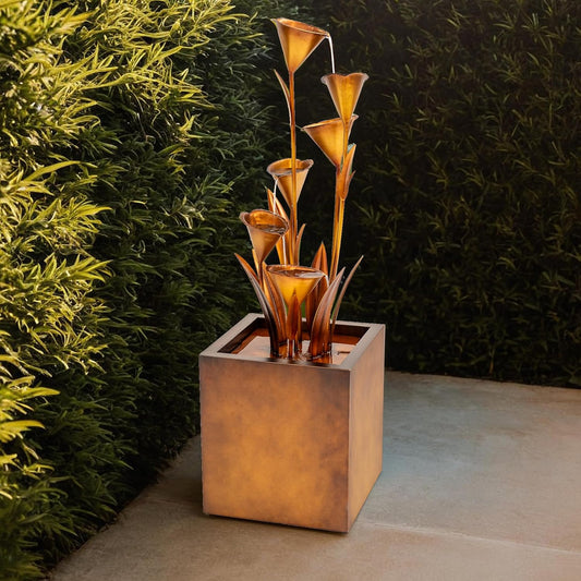 XBrand Freestanding Sculptural Metal Multi-Tiered Flower Water Fountain, No LED Lights, Bronze, 46" Tall