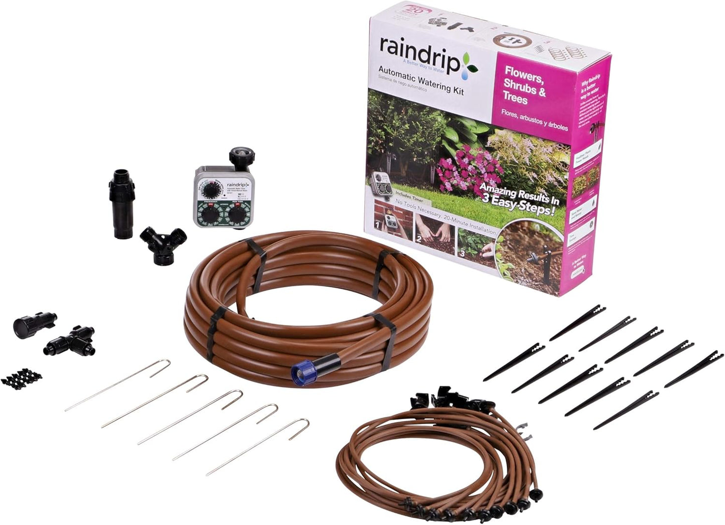 Raindrip SDFSTH1P Automatic Drip Irrigation Watering Kit with Timer for Flowers, Shrubs, and Trees, Waters up to 10 Plants, Includes Timer with Customizable Settings, 2 GPH Drippers