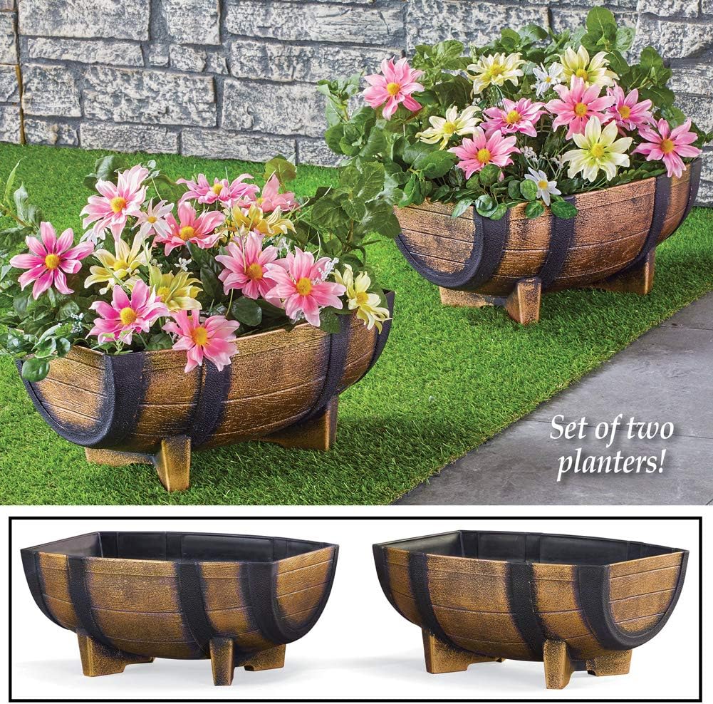 Collections Etc Rustic Half Barrel Planters - Set of 2, Weather Resistant Decorative Accent with Removable Drain Screen