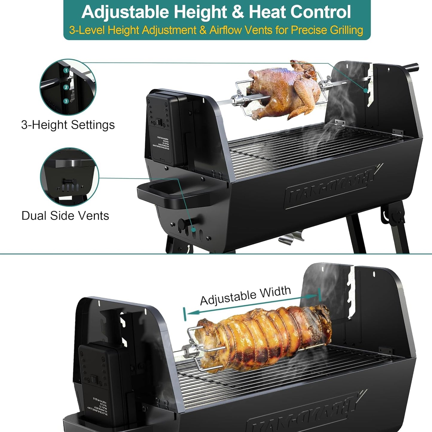 Brand‑Man 2‑in‑1 Charcoal BBQ Grill with Motorized Rotisserie – Portable, Foldable Grill, 257 sq in Outdoor BBQ Grill for Camping & Tailgate, Adjustable Height, Dual Vents
