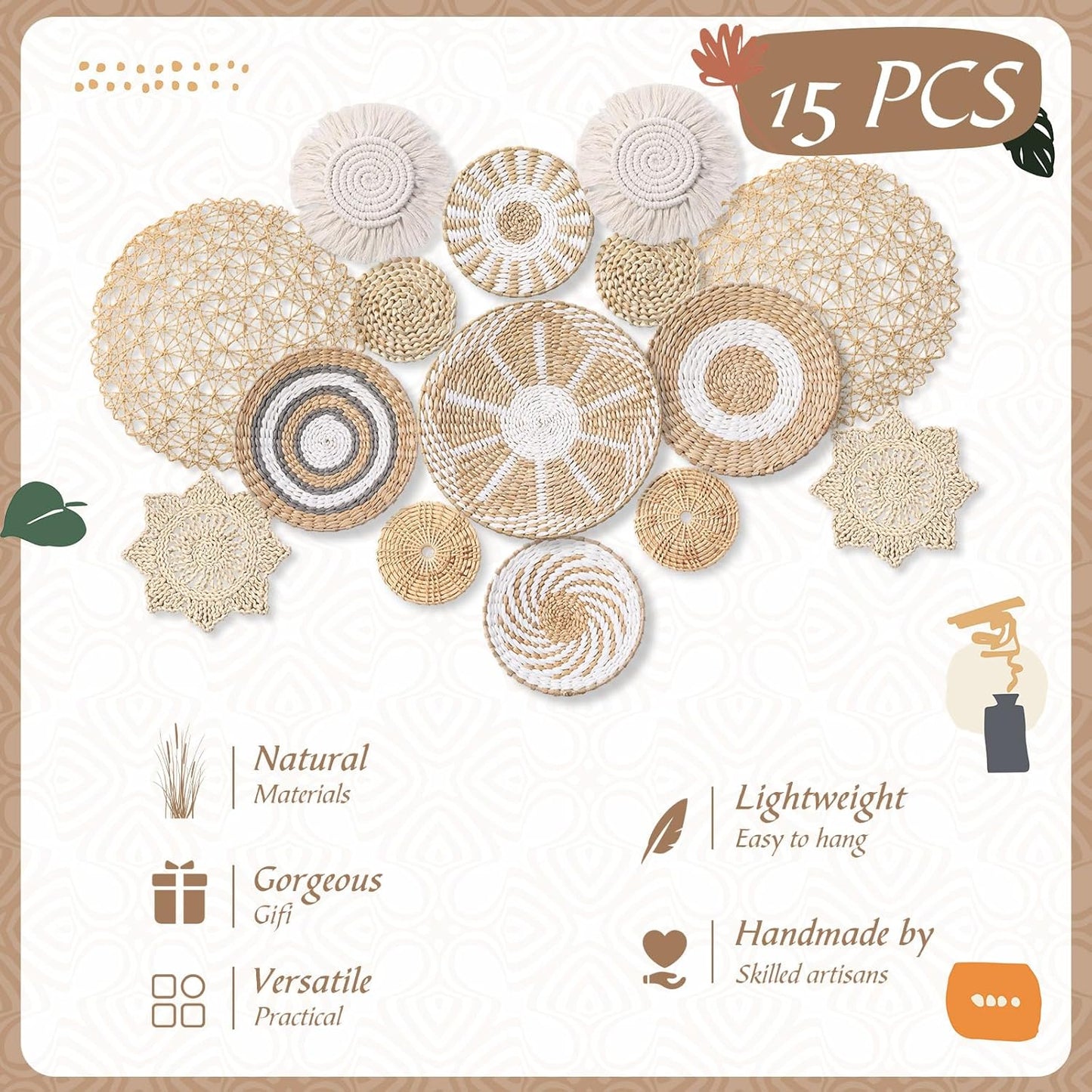 15 Pcs Boho Wall Basket Decor Woven Rattan Seagrass Wall Decor Hanging Rustic Farmhouse Western Art Decoration for Nursery Living Room Bedroom Home Kitchen(Grey White Style)