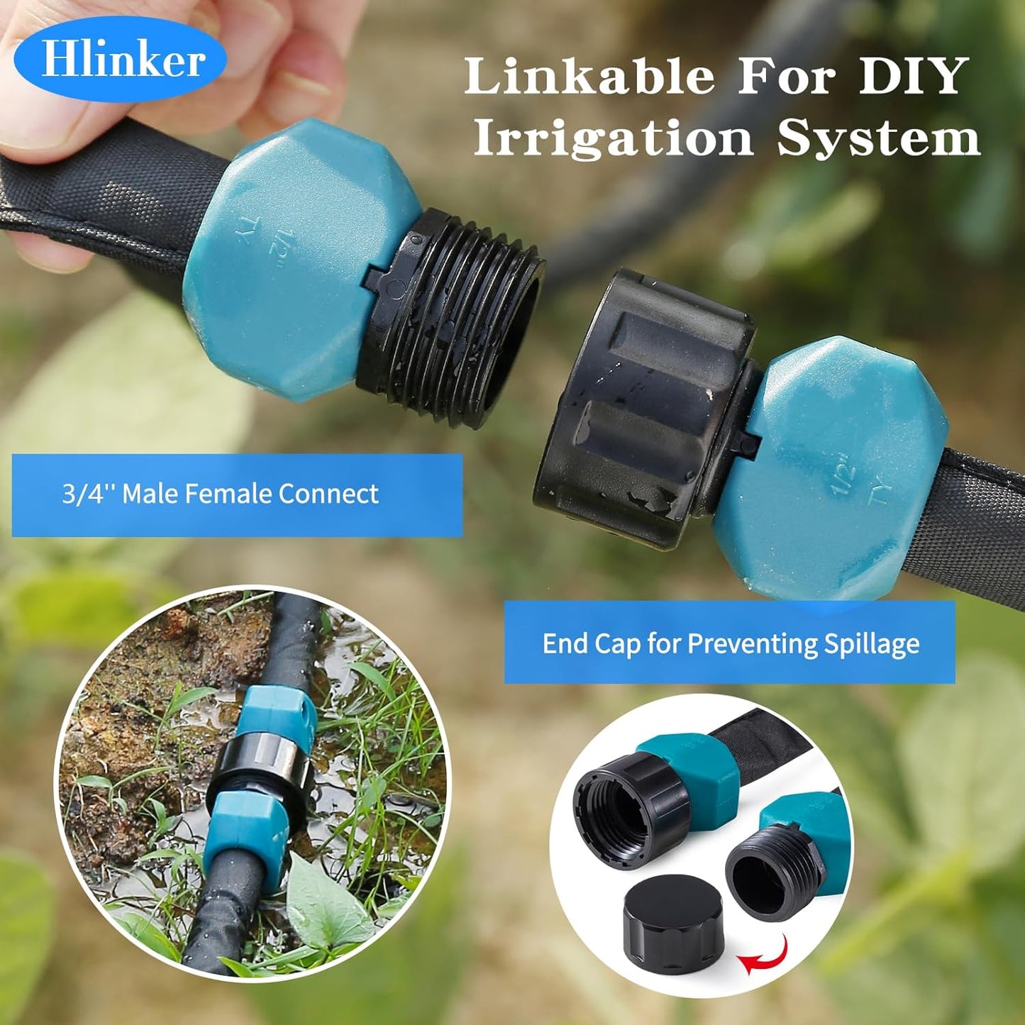Hlinker Flat Soaker Hose 50 FT for Garden Beds, 50Ft 1/2" Linkable Consistent Drip Irrigation Hose Save 80% Water, Leakproof Heavy Duty Double Layer Sprinkler Hose