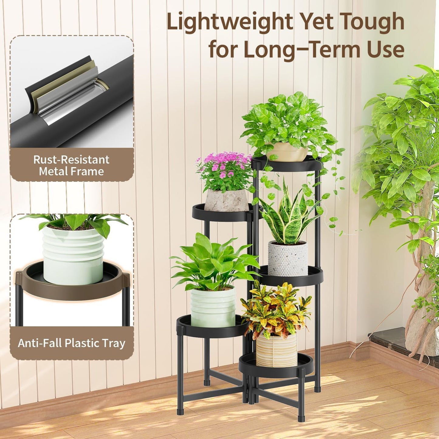 LASZOLA 5 Tiered Folding Plant Stand Indoor for Multiple Large Planter, Tall Heavy Duty Adjustable Rack with Rust Proof Plastic Shelving, Sturdy Vertical Tree Organizer for Narrow Inside Floor, Black