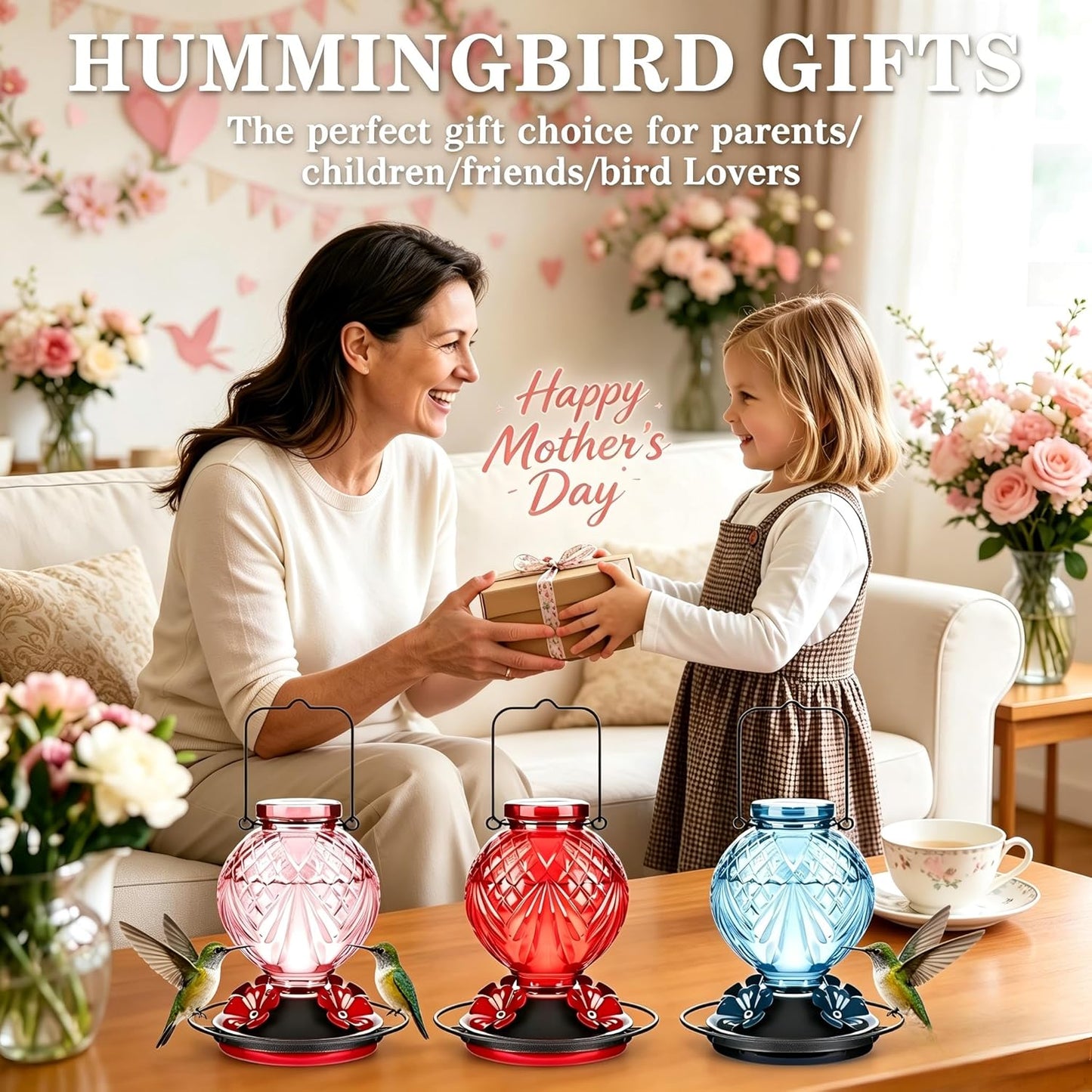 Glass Hummingbird Feeder for Outdoors Hanging, 20oz Bird Nectar Feeder with 4 Bee Guard Flower-Shaped Feeding Ports & Built-in Ant Moat, Easy to Clean, for Bird Lover,1 Pack, Red