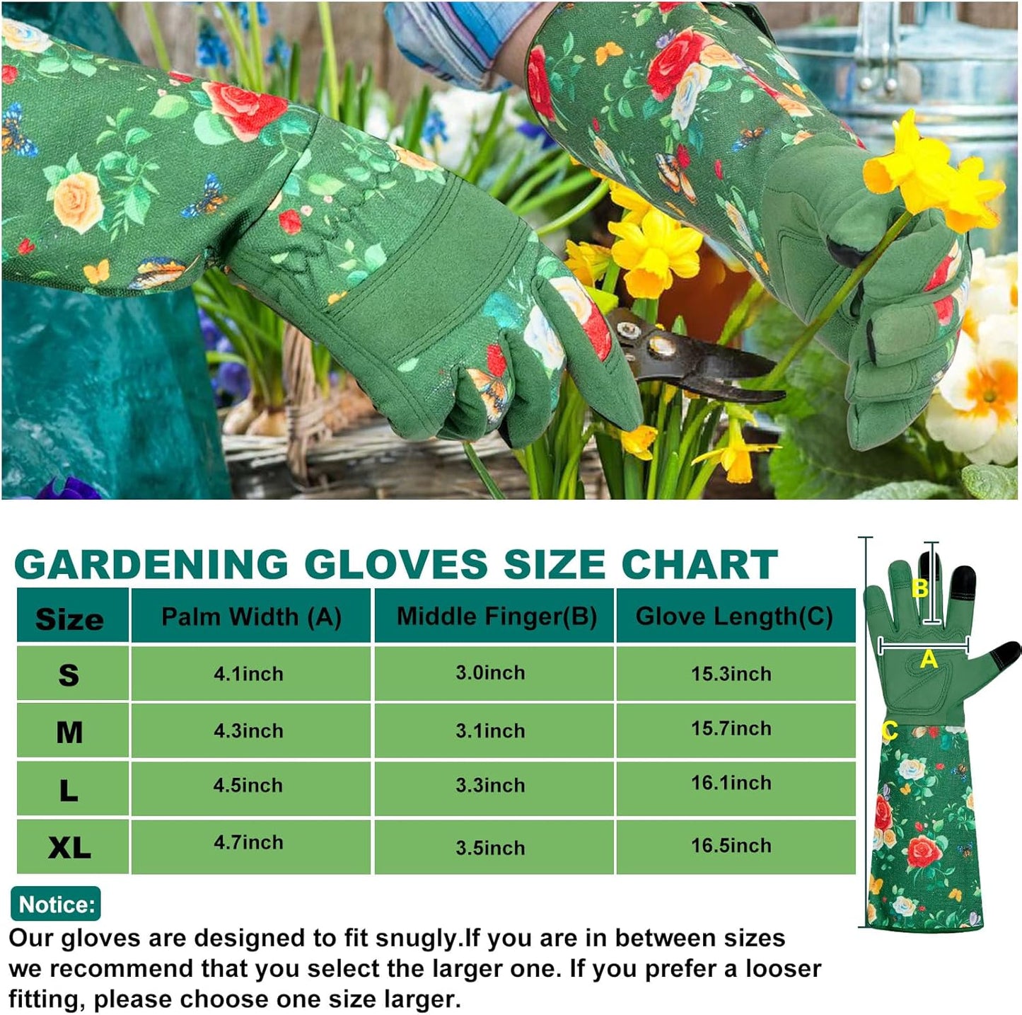 DLY Gardening Gloves,Leather Rose Gloves,Women's Long Gardening Glove for Garden Work and Yard Work,Durable and Comfortable(X-Large, Green