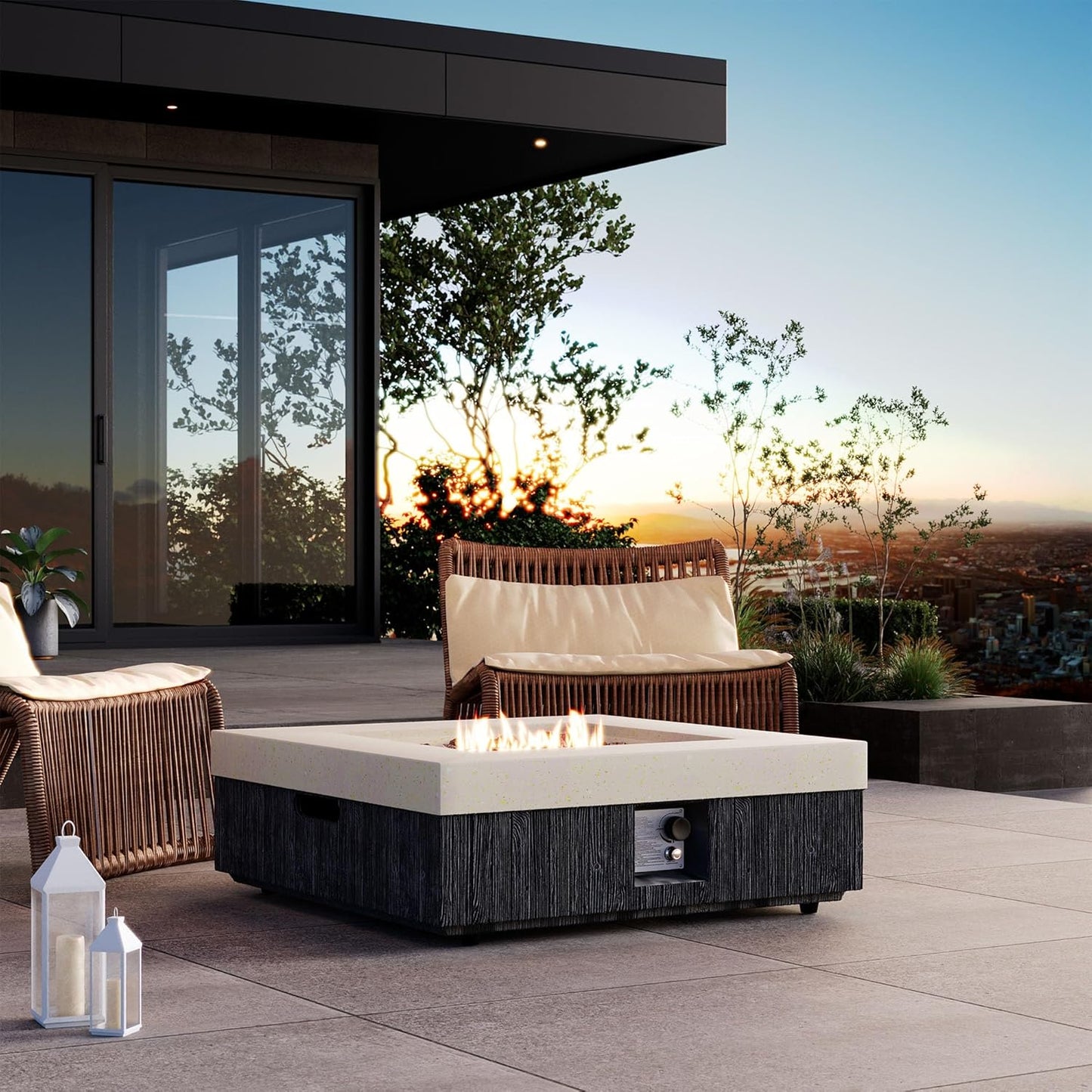 COSIEST 35" Outdoor Propane Fire Pit Table Square Gas Fire Pit Table with Concrete & Wood Grain Design, 50000BTU CSA Certified Electronic Ignition Fire Tables for Patio, Backyard, Garden Heating