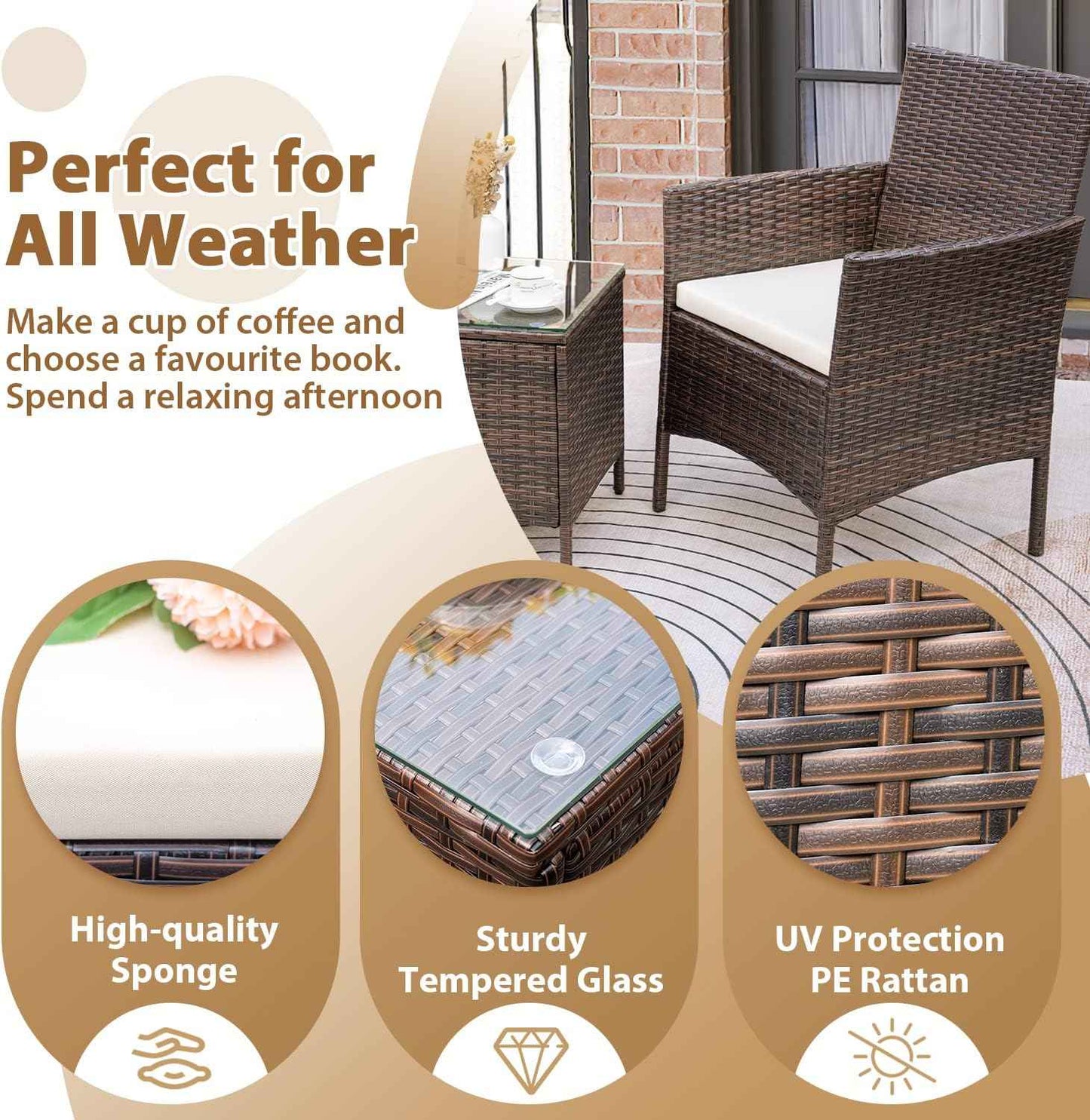 Rankok Patio Chairs Set of 2 Outdoor Front Porch Furniture Bistro Set 3 Piece Wicker Patio Chairs Balcony Furniture for Backyard Patio Balcony Lawn Pool (Brown)
