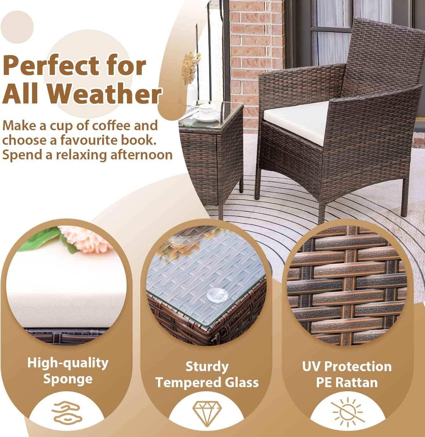 Rankok Patio Chairs Set of 2 Outdoor Front Porch Furniture Bistro Set 3 Piece Wicker Patio Chairs Balcony Furniture for Backyard Patio Balcony Lawn Pool (Brown)