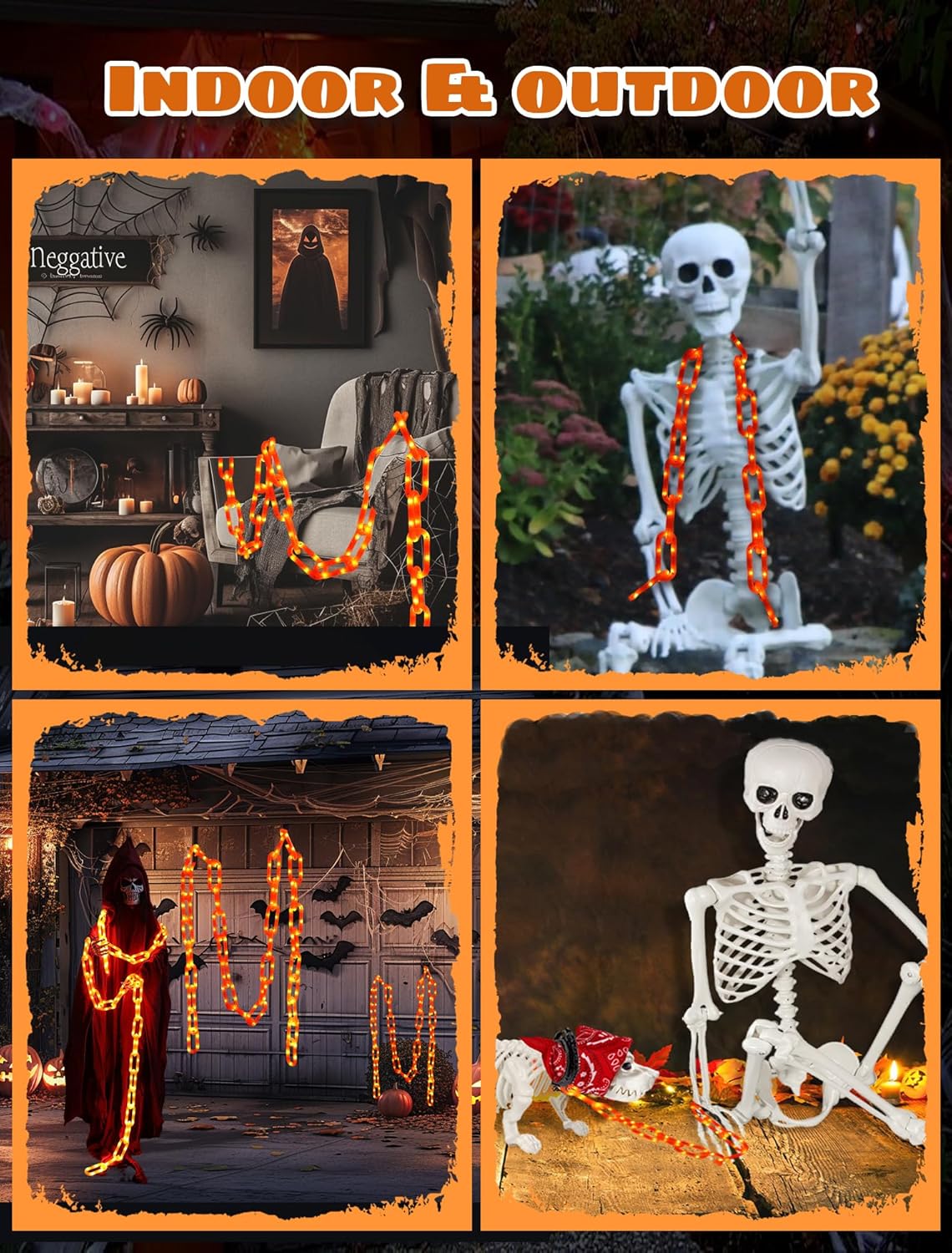 Halloween Decorations Chain Lights,10.4 Ft 175 LED Plastic Chain String Lights Battery Operated and USB,8 Lighting Modes Orange Light with Timer for Halloween Skeleton Dog Party Spooky Outdoor