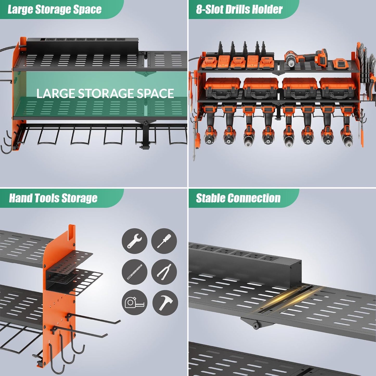 Suchtale Power Tool Organizer with Charging Station,33.2''Garage 8 Drill Holders Wall Mount,3 Layers Heavy Duty Metal Tool Shelf with 8 Outlets Power Strip, Gift for Men, Father, Orange