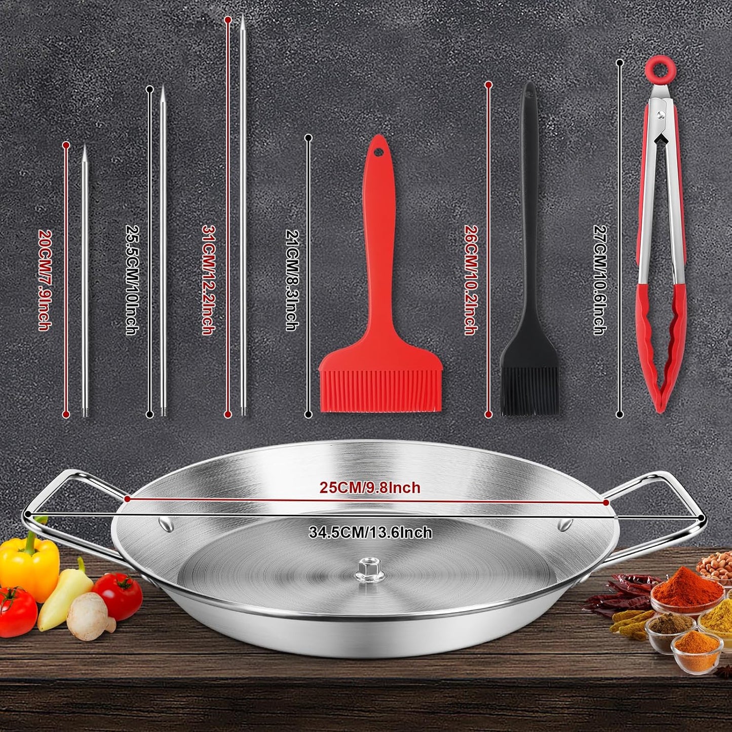 Stainless Steel Al Pastor Skewer & Gyro Pan for Grill – BBQ Vertical Skewer Pan Set with 3 Removable Spikes (8”/10”/12”), Brushes & Tongs, Brazilian Spit Stand for Tacos, Shawarma, Kebabs, Oven