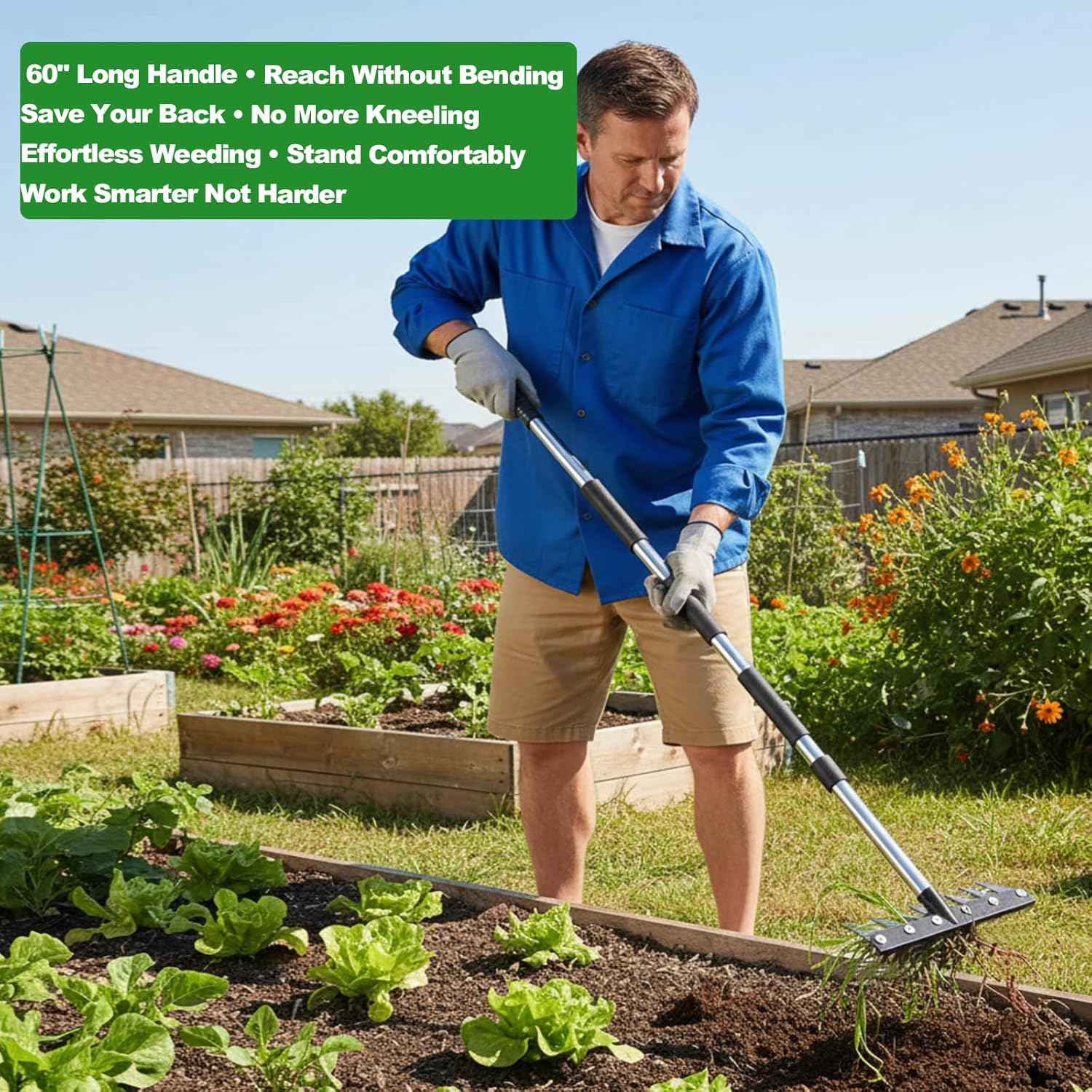 Iron Rake for Weeding, Garden Metal Rake Heavy Duty with 60 Inch Long Handle, Garden Weeding Rake Tools, 8 Tines Gardening Weed Rake Tool, Weeder Tool Weed Puller for Backyard Farm Planting Weeding