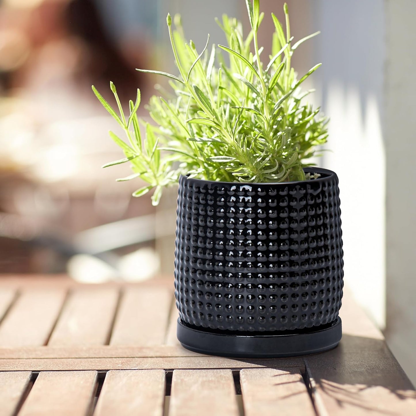 D'vine Dev Set of 2 Ceramic Plants Pots, 4 Inch Beaded Stoneware Flower Pot for Plants with Drainage Hole and Saucer, Glossy Black, 27-E-Z-2