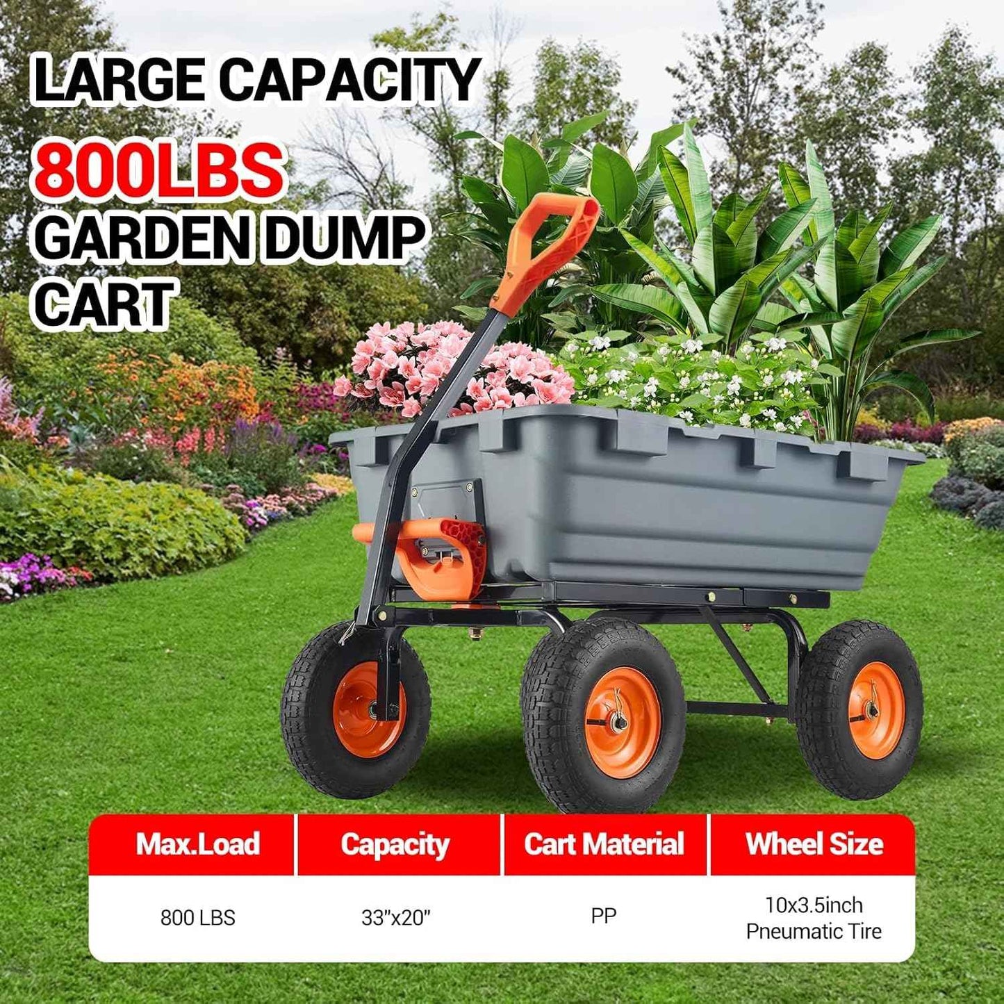 800 lbs Poly Garden Dump Cart, Heavy-Duty Wheelbarrow with 10-Inch Tires, 180° Rotating Handle, Steel Frame, and Quick Release System for Soil, Plants, Gardening Tools, and Firewood (Grey)