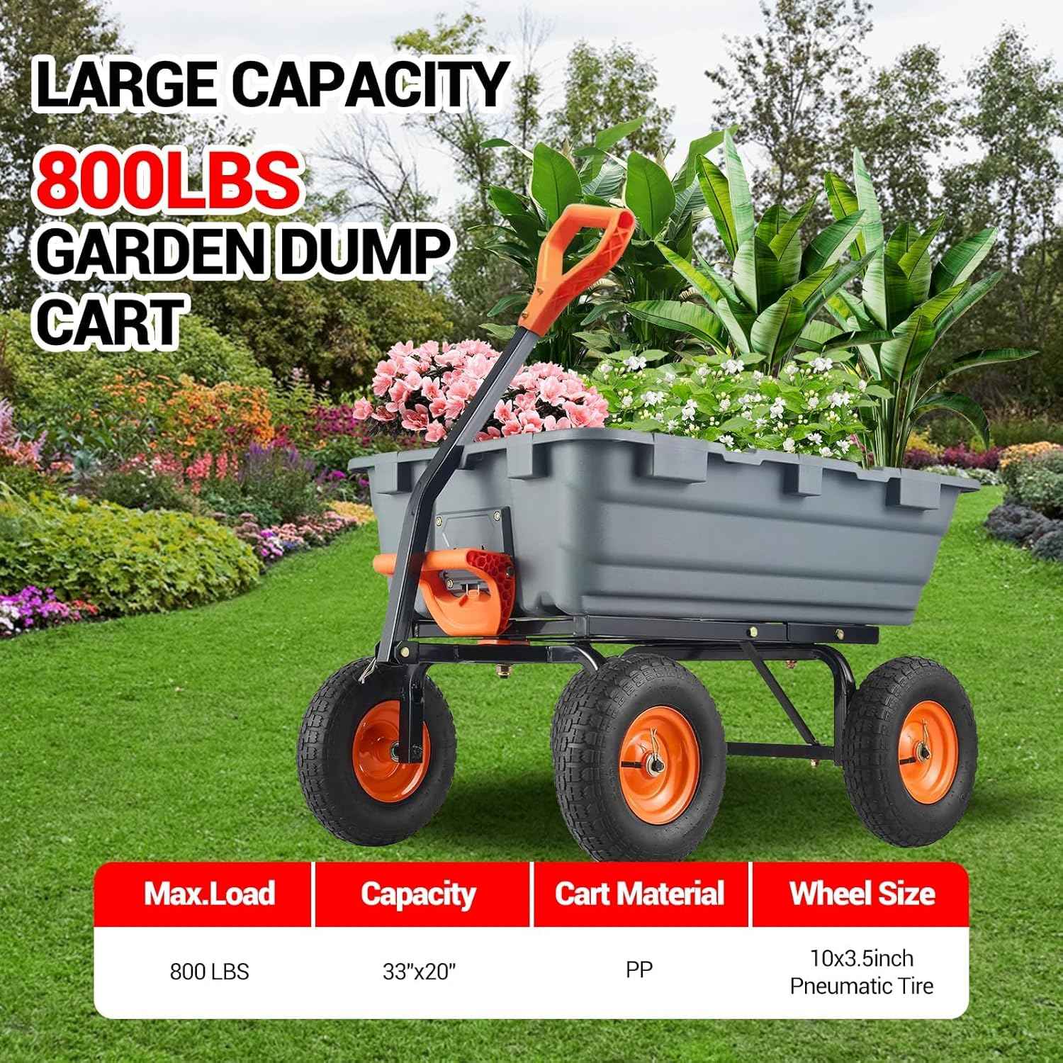 800 lbs Poly Garden Dump Cart, Heavy-Duty Wheelbarrow with 10-Inch Tires, 180° Rotating Handle, Steel Frame, and Quick Release System for Soil, Plants, Gardening Tools, and Firewood (Grey)
