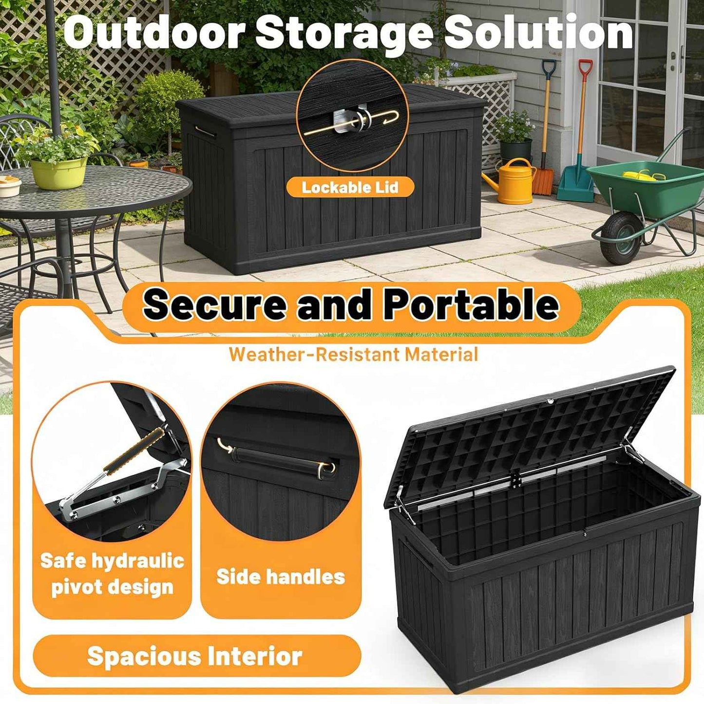 230 Gallon Lockable Resin Deck Box, Waterproof Outdoor Storage Box for Patio Furniture Cushions, Garden Tools & Pool Accessories Storage, Black