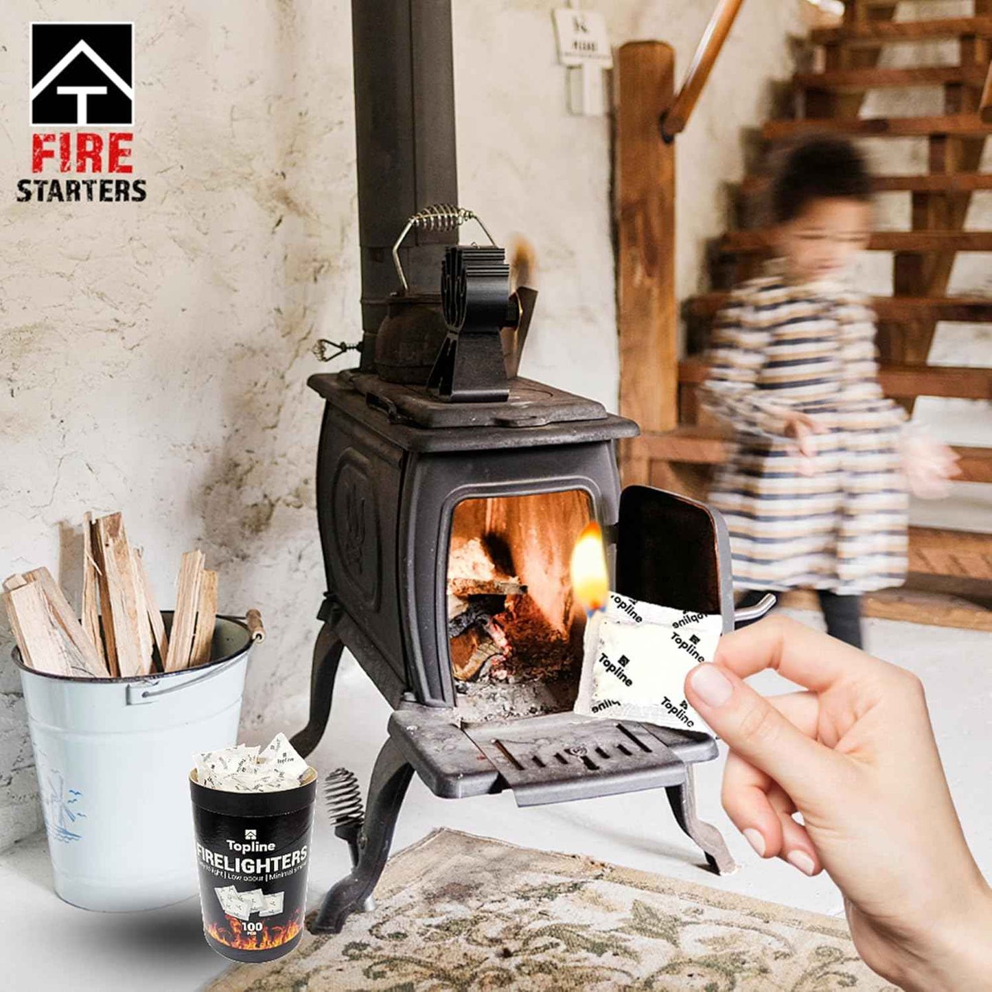 Topline 100 Fire Starters for Fireplace, Wood Stove, Charcoal BBQ & Campfire — Waterproof Odorless Fire Starter Sachets, Quick-Light Indoor & Outdoor Firestarter Pouches in Storage Tube