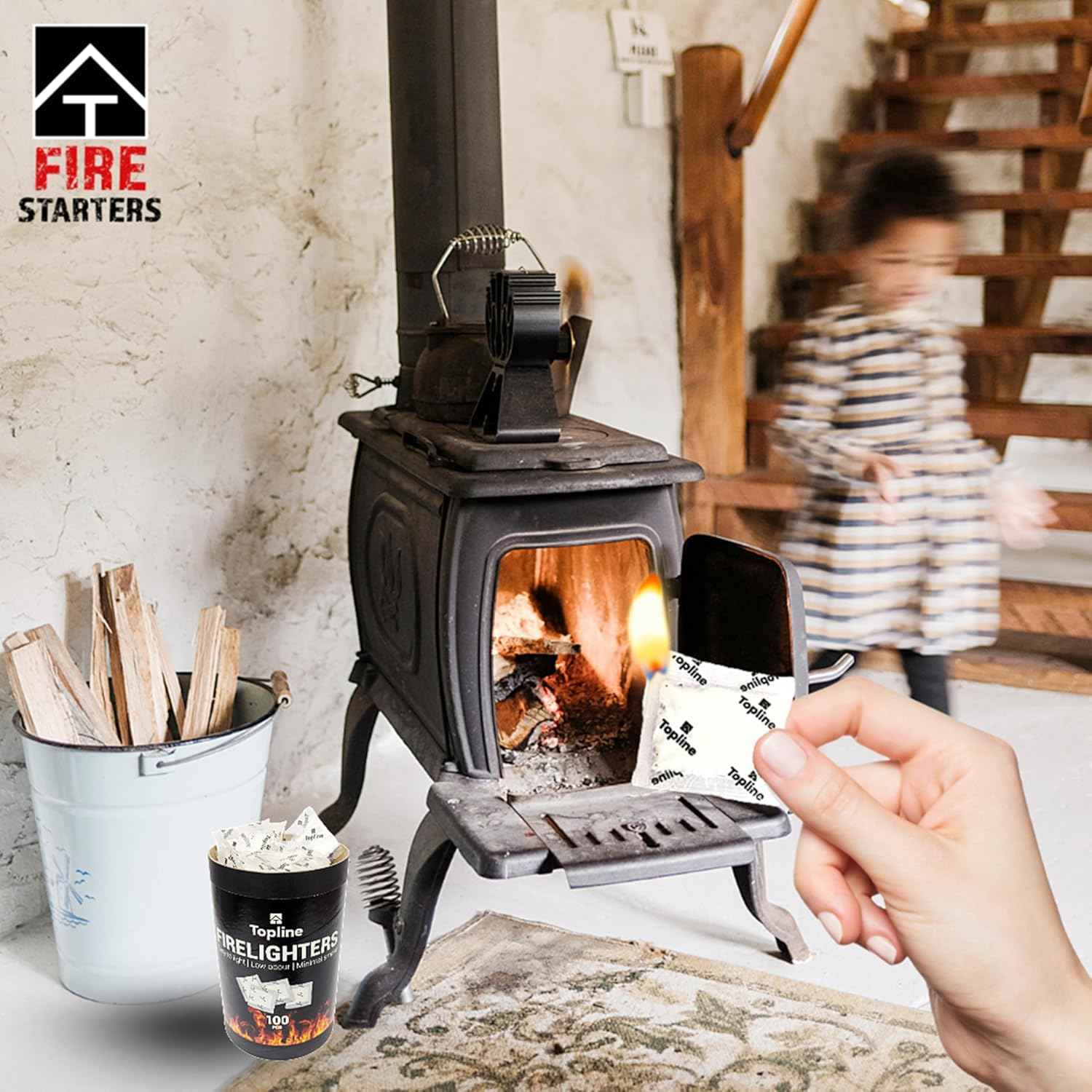 Topline 100 Fire Starters for Fireplace, Wood Stove, Charcoal BBQ & Campfire — Waterproof Odorless Fire Starter Sachets, Quick-Light Indoor & Outdoor Firestarter Pouches in Storage Tube