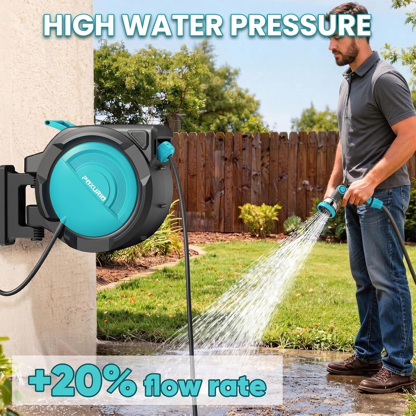 1/2" 160FT Retractable Garden Hose Reel - POXURIO Heavy Duty Automatic Wall Mounted Hose Reel Upgraded UV Resistant, 3/4" Brass Fitting, 10 Pattern Nozzle, 180° Swivel&Any Length Lock Slow Retraction
