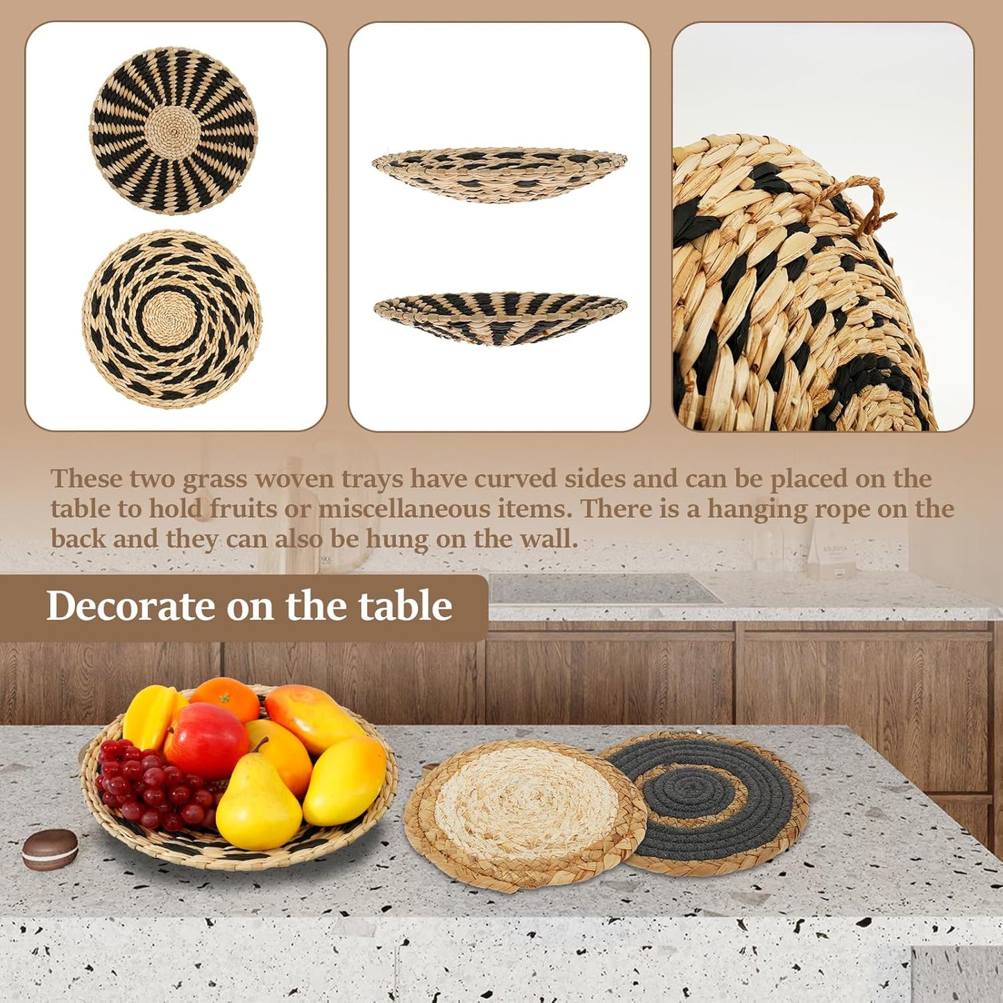 7 Pack Boho Wall Basket Decor,Seagrass Rattan Wicker Boho Wall Decor,Hanging Woven Wall Basket Decor,Round Flat Seagrass Baskets Wall Art, Round Wall Art for Farmhouse Bedroom Living Room Display