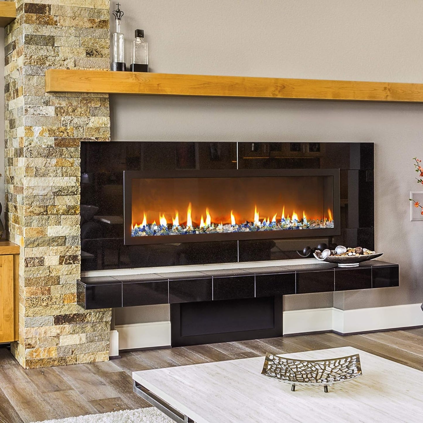 Mr. Fireglass 10 Pounds Blended Fire Glass - 1/4 Inch Mixed Colored High Luster Reflective Tempered Glass Rocks for Fireplace Fire Pit Table Fireplace and Landscaping, Aqua Blue+Cobalt Blue+Platinum