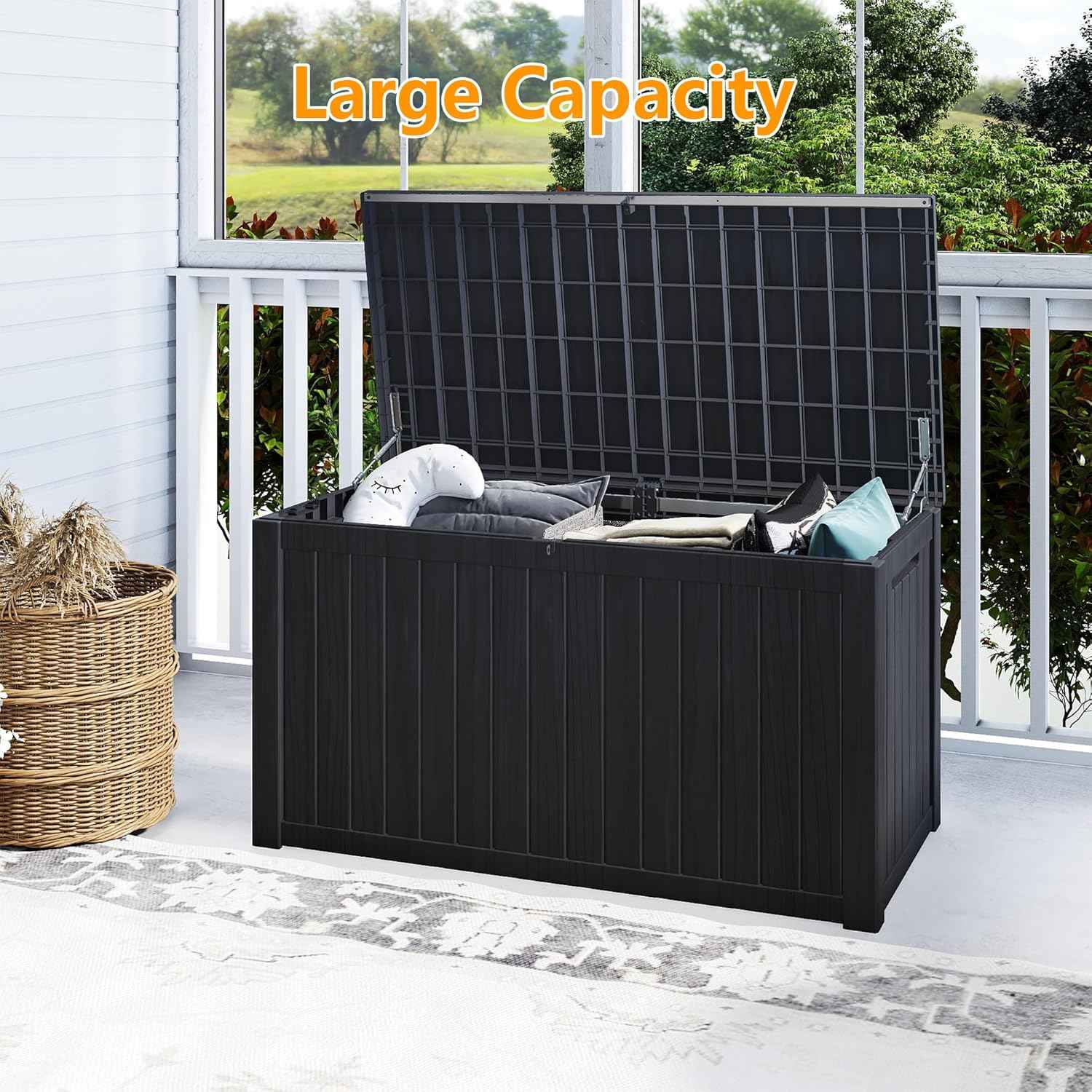 200 Gallon Outdoor Storage Box Waterproof Large Resin Deck Box Indoor/Outdoor Lockable Storage Container and Seating for Garden, Pool, and Patio (200 Gallon, Black)