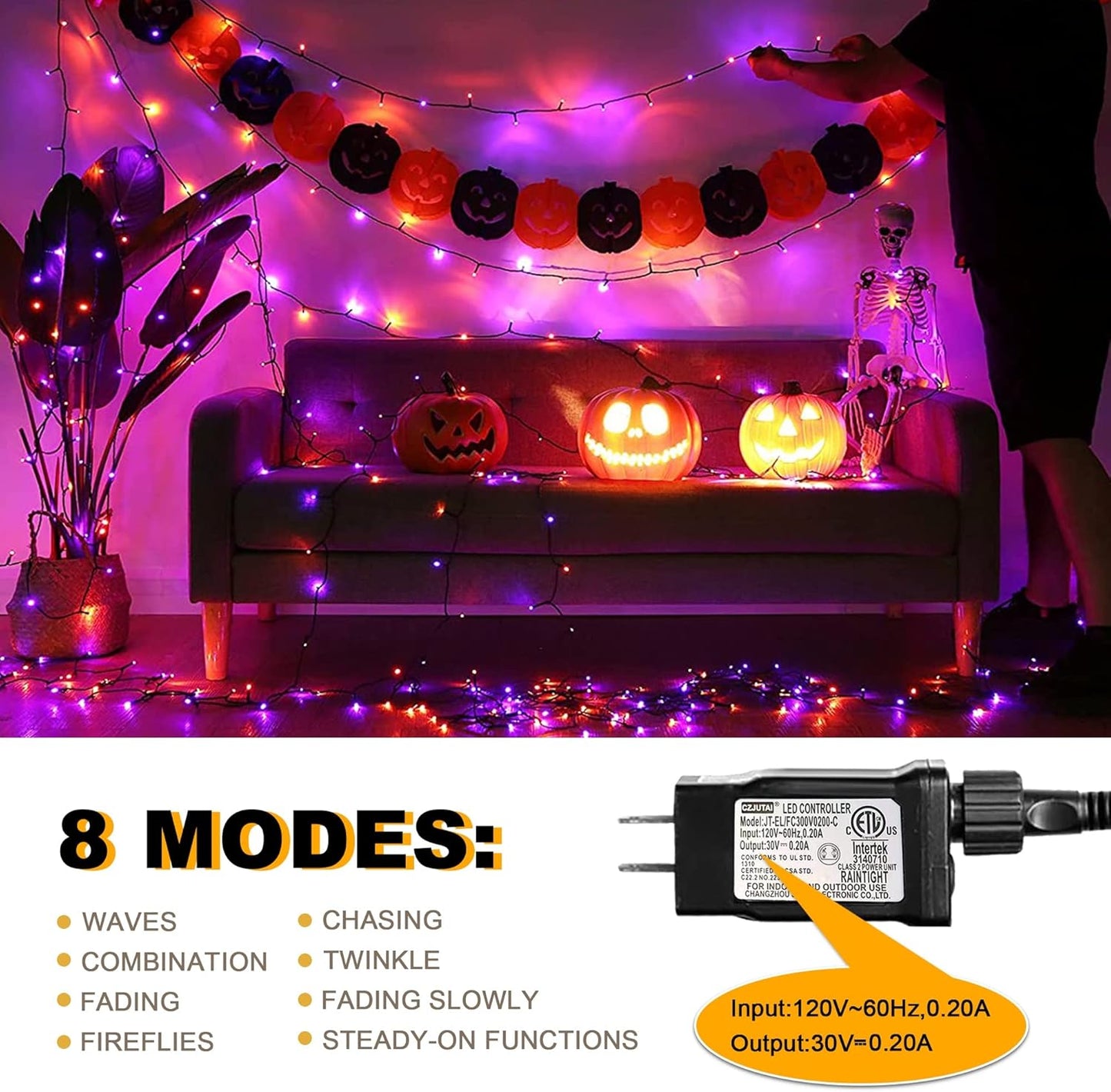 weillsnow 164FT 500 LED Halloween Lights, 8 Modes Waterproof Plug in String Lights for Halloween Indoor Outdoor Yard Party Wedding Garden Home Decorations (Purple & Orange)
