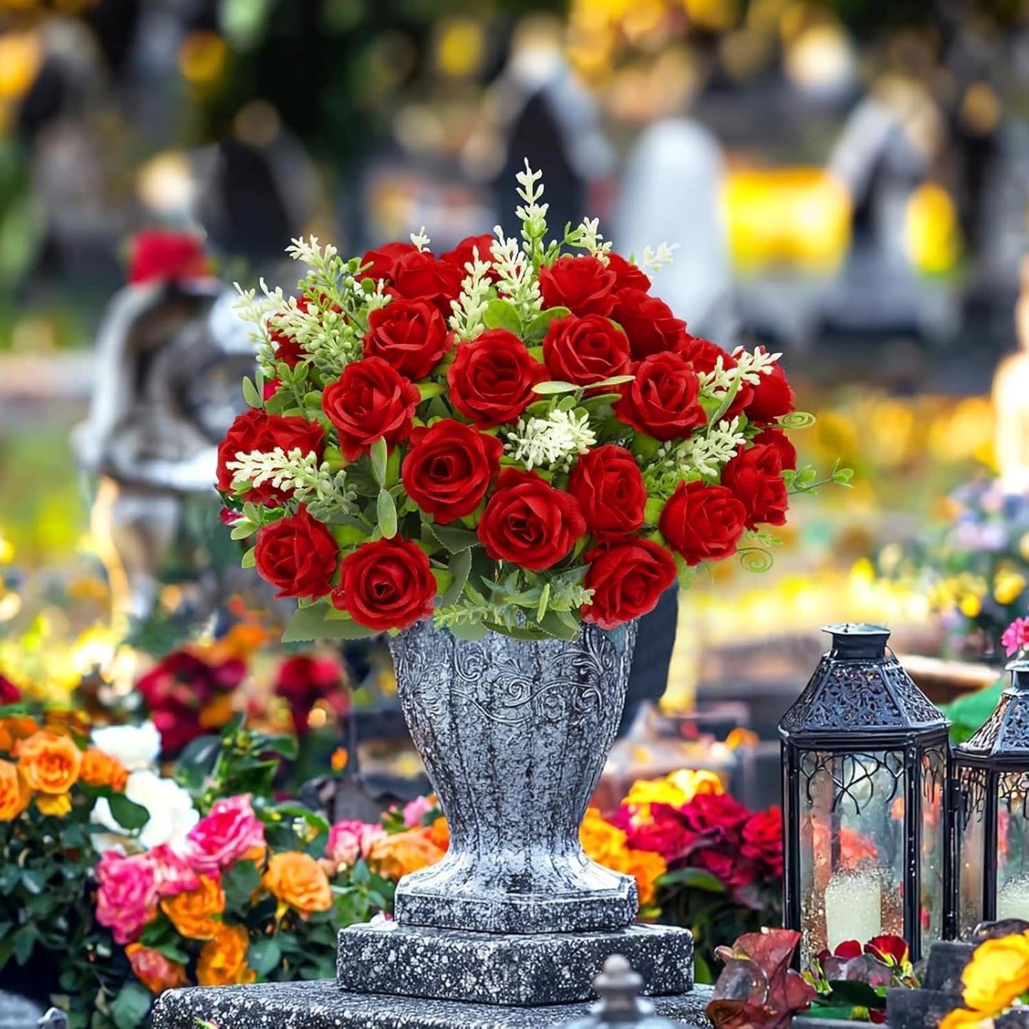 TURNMEON 40 Heads Fake Roses Artificial Flowers for Outdoors Summer Decor, 4 Bouquets UV Resistant Fake Flower Bouquet Faux Silk Roses for Wedding Birthday Party Home Indoor Cemetery Decor(Red)