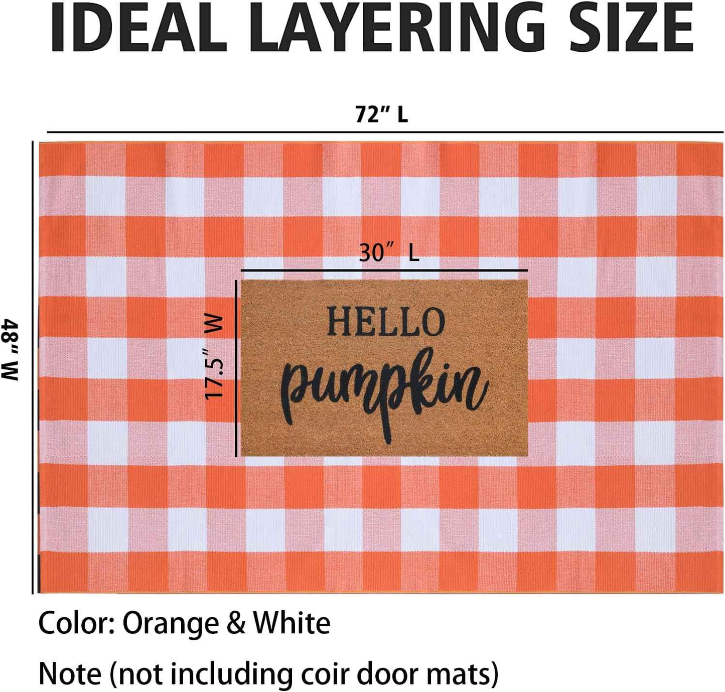 Orange and White Plaid Rug, 4' x 6' Fall Outdoor Front Door Decor Mat, Cotton Washable Hand-Woven Rug for Layered Doormat, Autumn Halloween Thanksgiving Carpet for Porch, Entryway