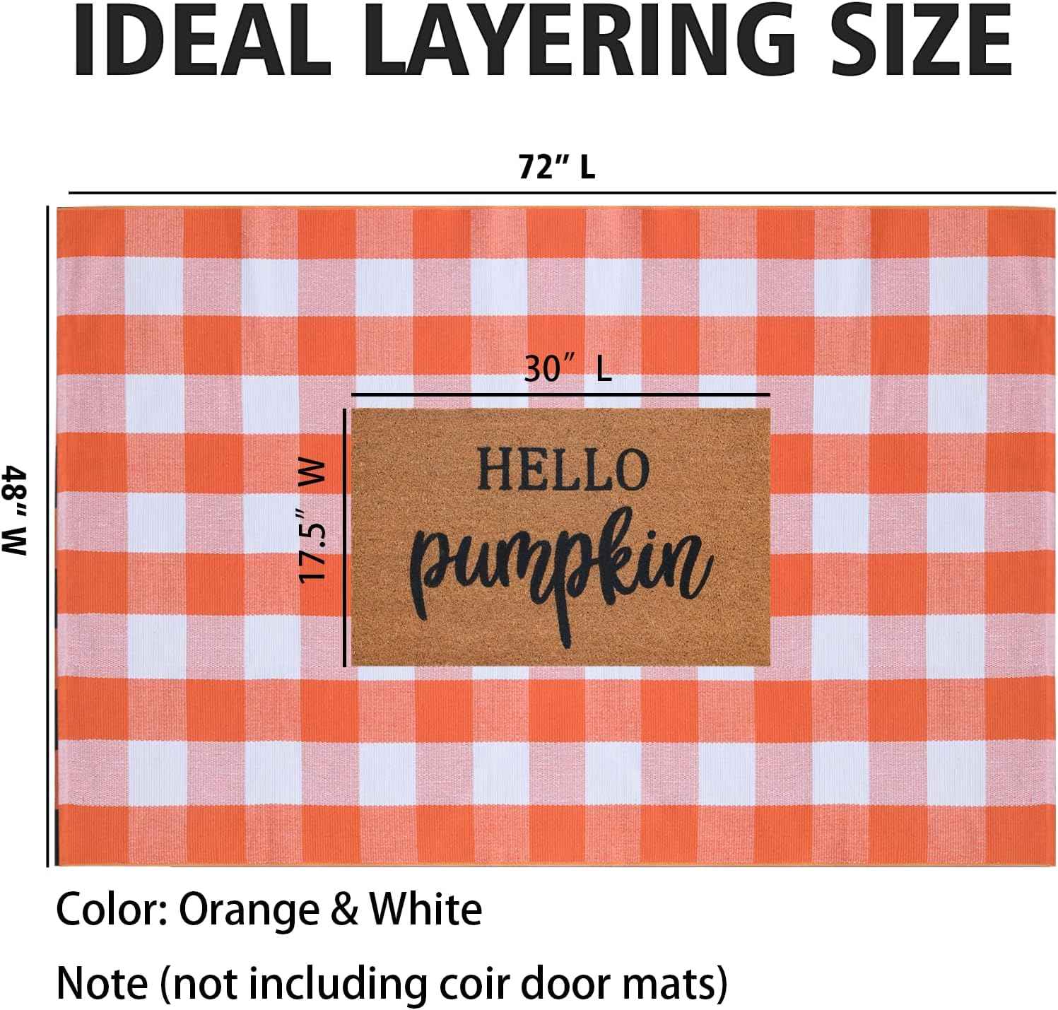 Orange and White Plaid Rug, 4' x 6' Fall Outdoor Front Door Decor Mat, Cotton Washable Hand-Woven Rug for Layered Doormat, Autumn Halloween Thanksgiving Carpet for Porch, Entryway