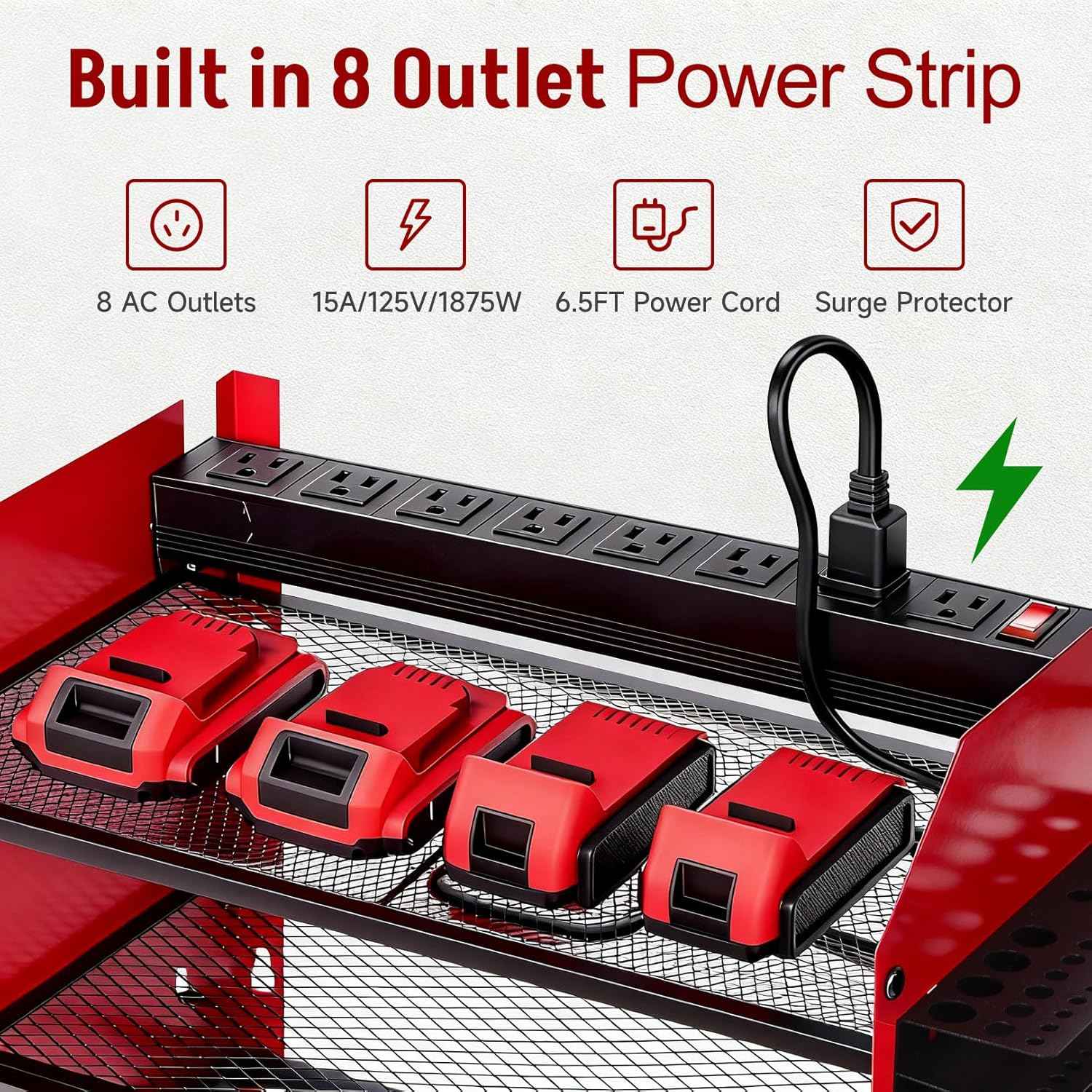 Power Tool Organizer Wall Mount with Charging Station, Heavy Duty 3 Layers Tool Storage Rack with 4 Cordless Drill Holder, Battery Holder with 8 Power Strip, Ideal for Garage, Warehouse, Workshop