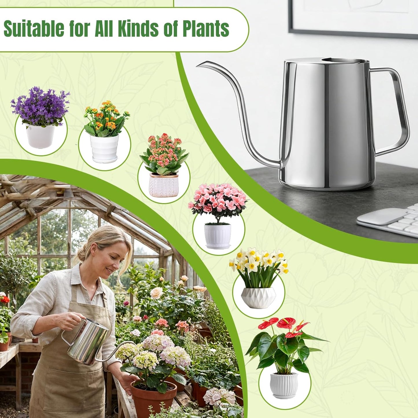 34oz/1000ml Watering Can Indoor Plants with Long Spout, Plant Watering Can for Ergonomic Handle, Rust-Resistant & Durable 304 Stainless Steel, Office & Home