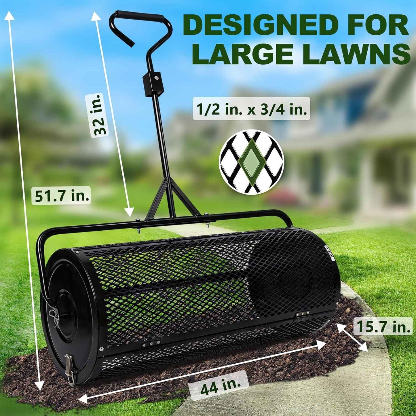 Compost Spreader 44 Inch Push/Tow Peat Moss Spreader with Installation Support, Powder-Coated Metal Mesh Roller Spreader for Manure , Lawn Care, Garden Spreading, Top Dressing & Mulch - Soil Spreader
